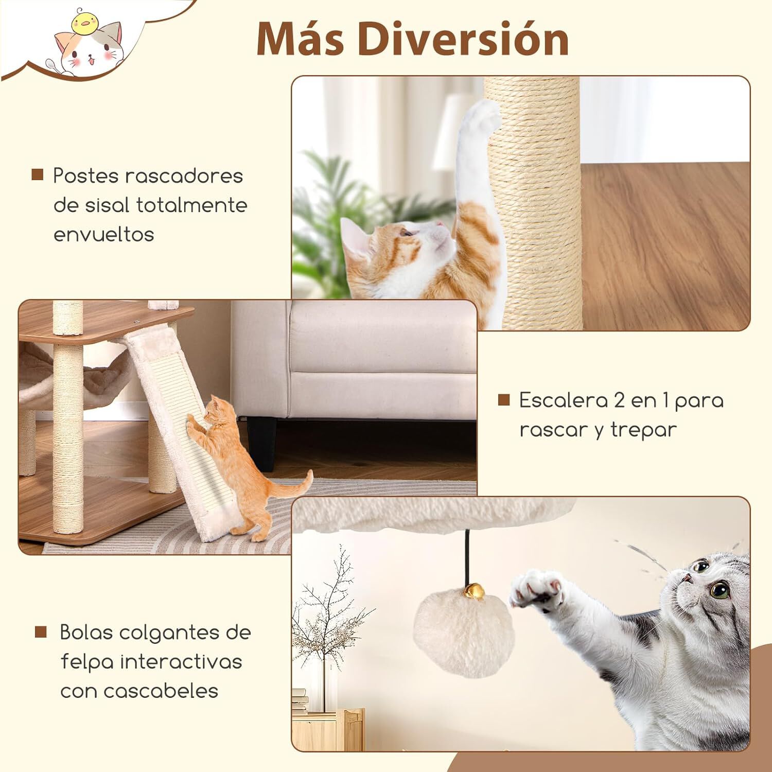 COSTWAY Rascador para Gatos de 168 cm, Árbol para Gatos con 3 Perchas Acolchadas, Postes Rascadores de Sisal, Bolas, Cojines Lavables, Mueble Multinivel para Gatos de Interior thumbnail