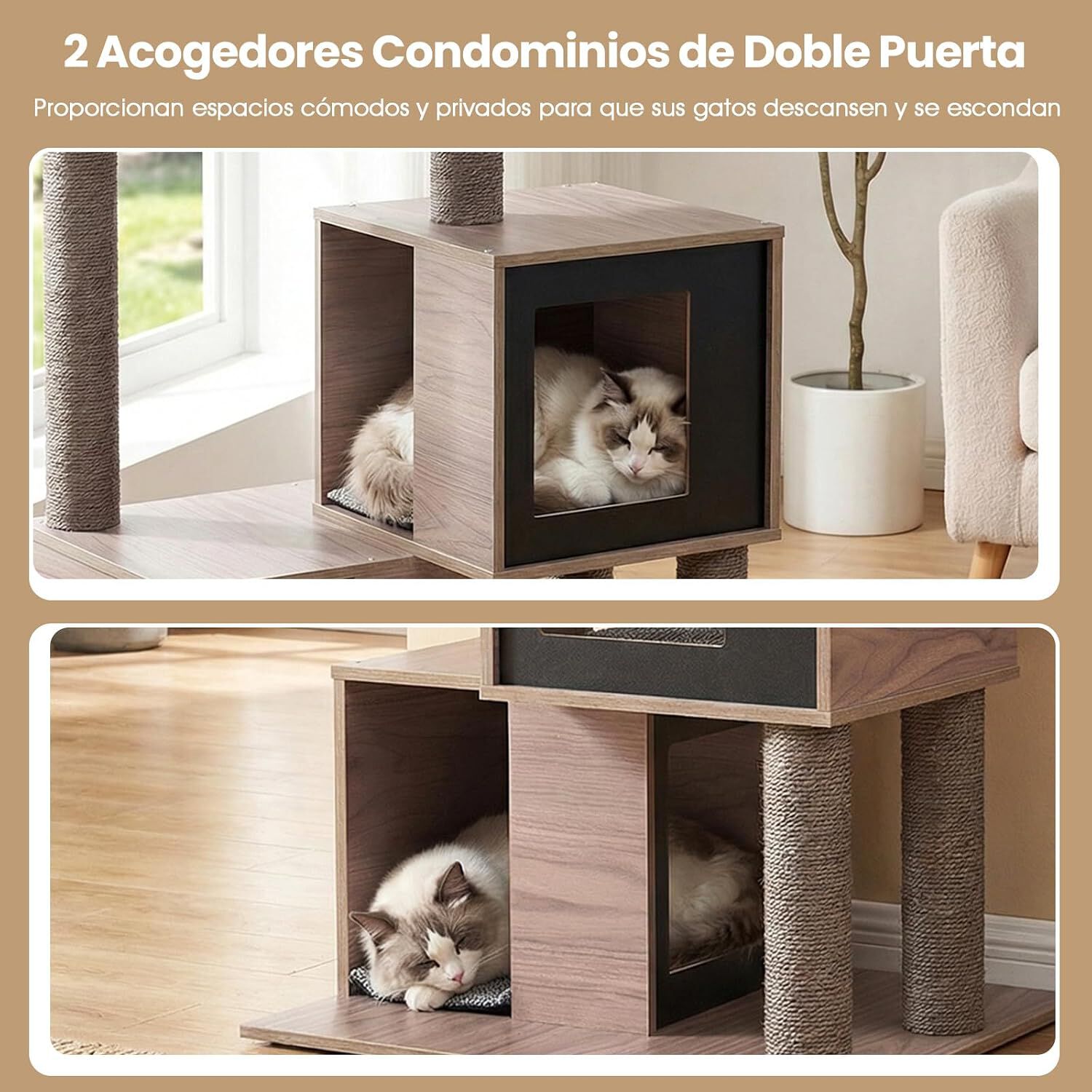 COSTWAY Mueble Rascador para Gatos, 93 cm Torre de Gatitos de Madera Multinivel con Poste Rascador de Sisal, Condominios, Percha, Cojines y Alfombrilla Extra&iacute;bles, &Aacute;rbol Rascador para Gatos, , large Imagen numero 4