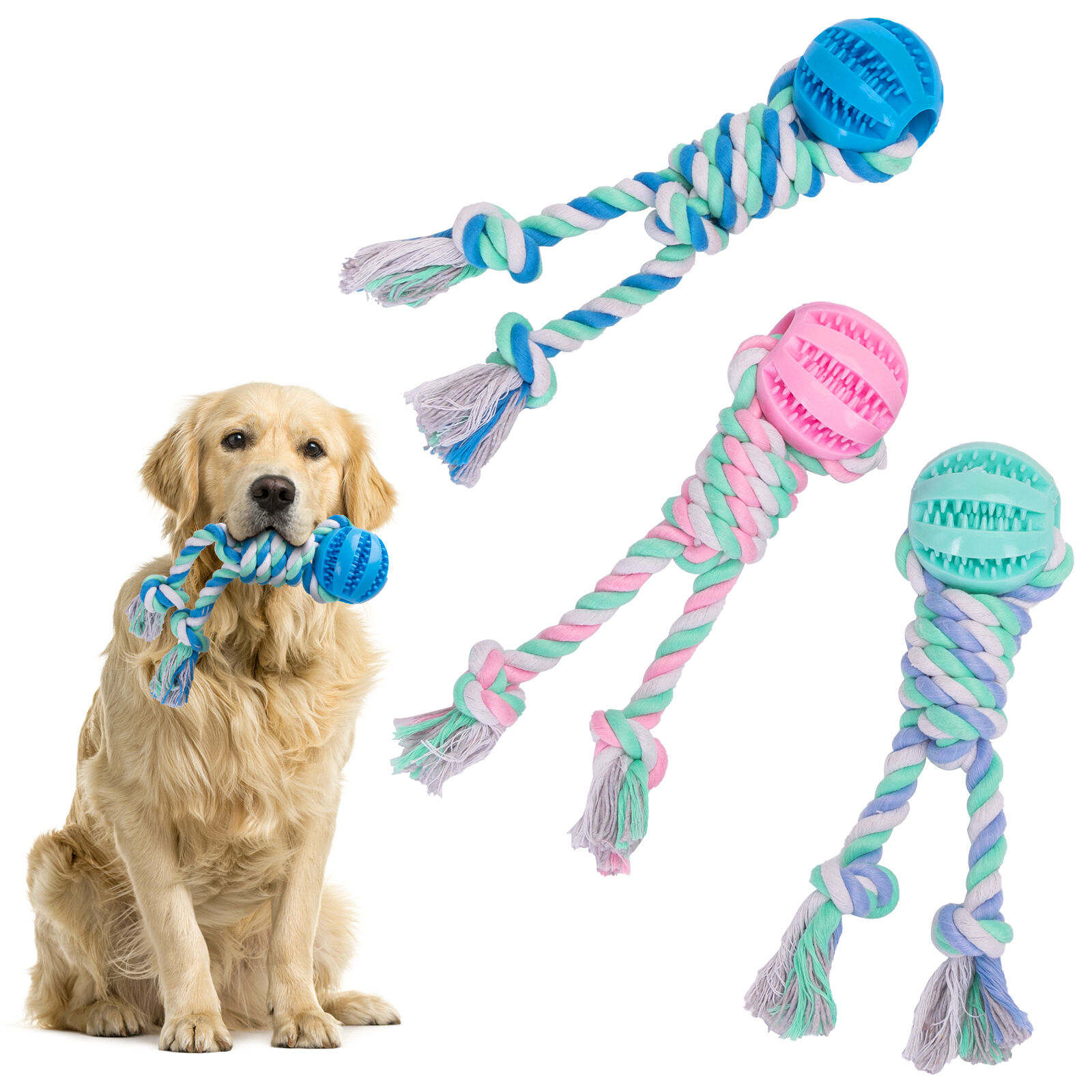 Nobleza - Cuerda de juguete para perros 100% algod&oacute;n, beneficiosa para la salud mental del perro, la salud dental y la limpieza de los dientes, el mejor regalo para todo tipo de perros, Rosa, Azul y Morado - 25cm, , large Imagen numero 1