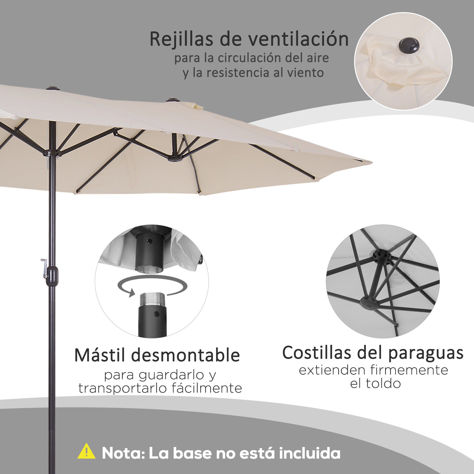 Outsunny Conjunto de Sombrilla Doble y 2 Tumbonas Plegables en Forma de S para Piscina Patio Jard&iacute;n Terraza 4,55x2,65x2,38 m 165x61x63 cm Beige y Negro, , large Imagen numero 5