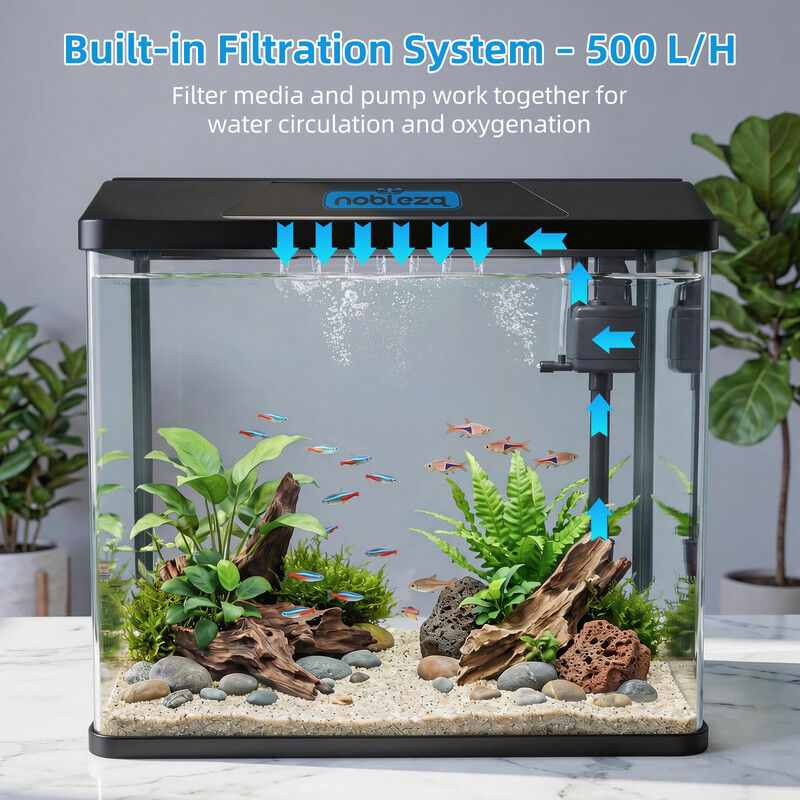 Nobleza - Acuario de Cristal 54L con Iluminaci&oacute;n LED y Filtro Interno, Pecera con Tapa para Peces, Dise&ntilde;o de Vidrio Curvo, Negro, , large Imagen numero 3