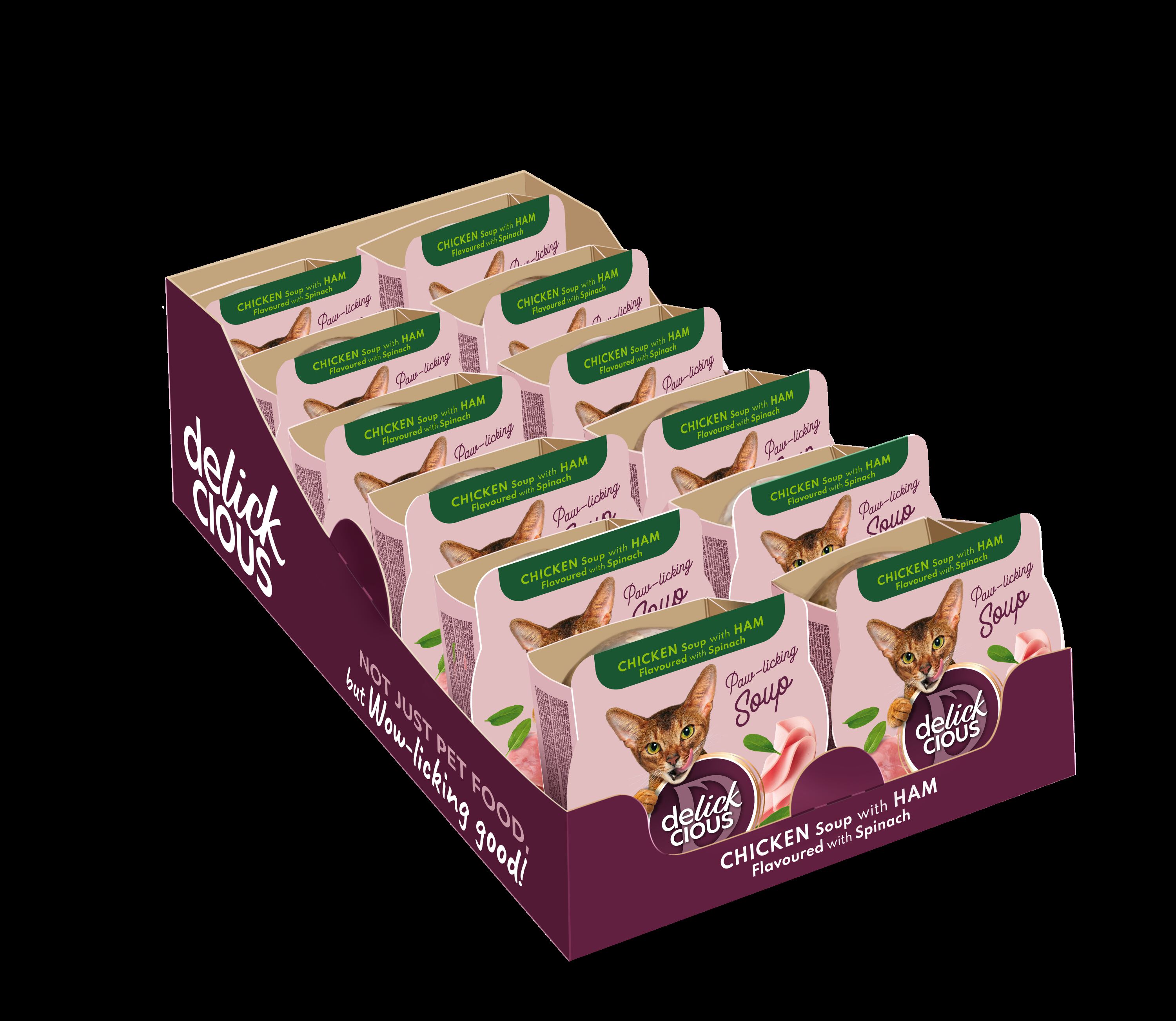 Sopa de Pollo con jam&oacute;n  y espinacas ,DELICKCIOUS . Alimento completo para gatos adultos. PACK  12 unds de 80 g, , large Imagen numero 2