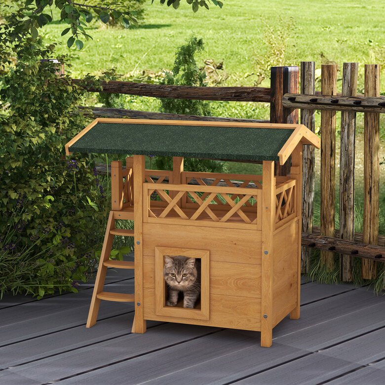 Caseta De Madera Para Gatos De 2 Niveles – Con Balcón, Ventana Y Suelo Desmontable | Resistente A La Intemperie, Para Interior O Exterior