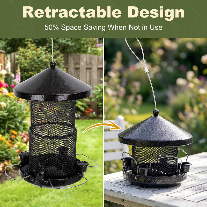 Nobleza Comedero Pajaros Exterior Metal, Alimentador Colgante Aves Silvestres con 4 Puertos y Copas de Agua, Estructura Retr&aacute;ctil Anti-Ardillas para Jard&iacute;n, 1.44 L, Negro, , large Imagen numero 2