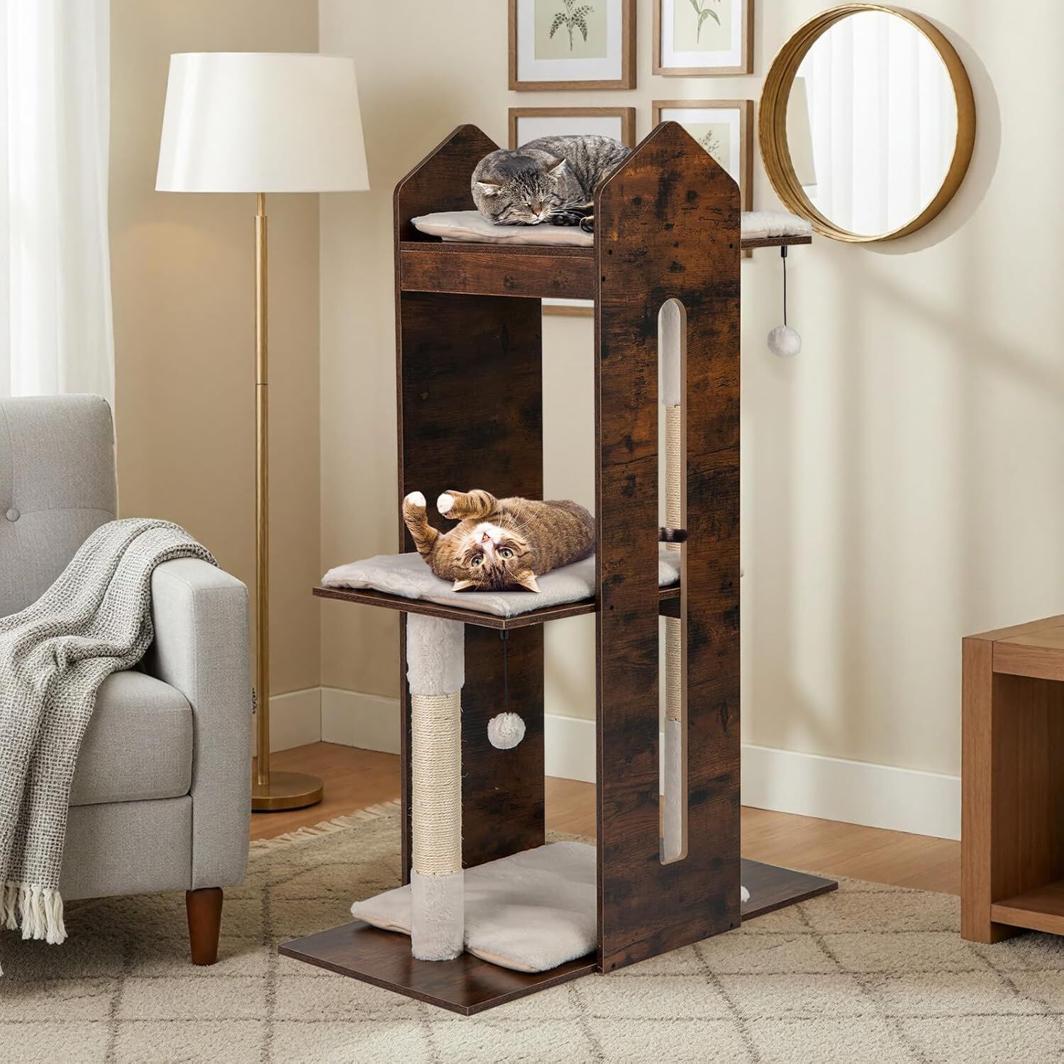 COSTWAY 120 cm &Aacute;rbol Rascador para Gato de Madera, Torre Rascador para Gatos con Poste de Sisal, Pelotas Colgantes, Cojines de Peluche Lavables, Mueble Auxiliara Multinivel para Gato, Industrial, , large Imagen numero 2