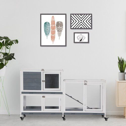 PawHut conejera de exterior con ruedas de madera gris para mascotas thumbnail