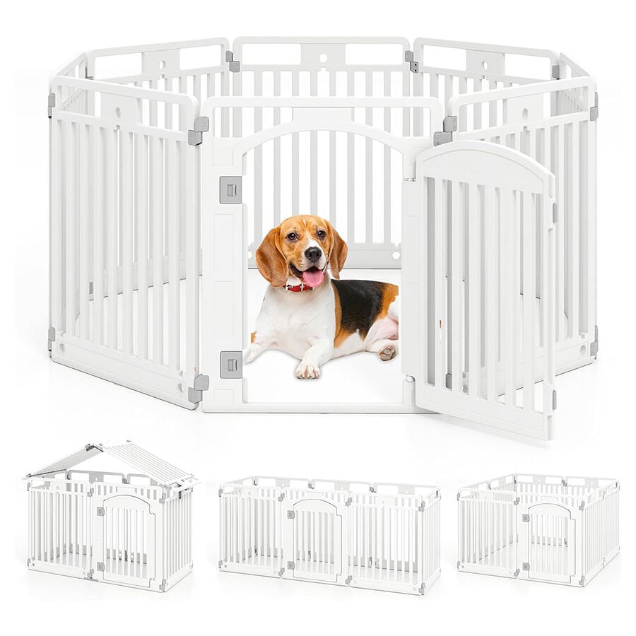 COSTWAY Corral de Mascotas de 8 Paneles, Valla Plegable de 80 cm con Puerta de Seguridad, Estacas y Ventosas, Ideal para Perros Pequeños y Medianos, Interior y Exterior, Blanco