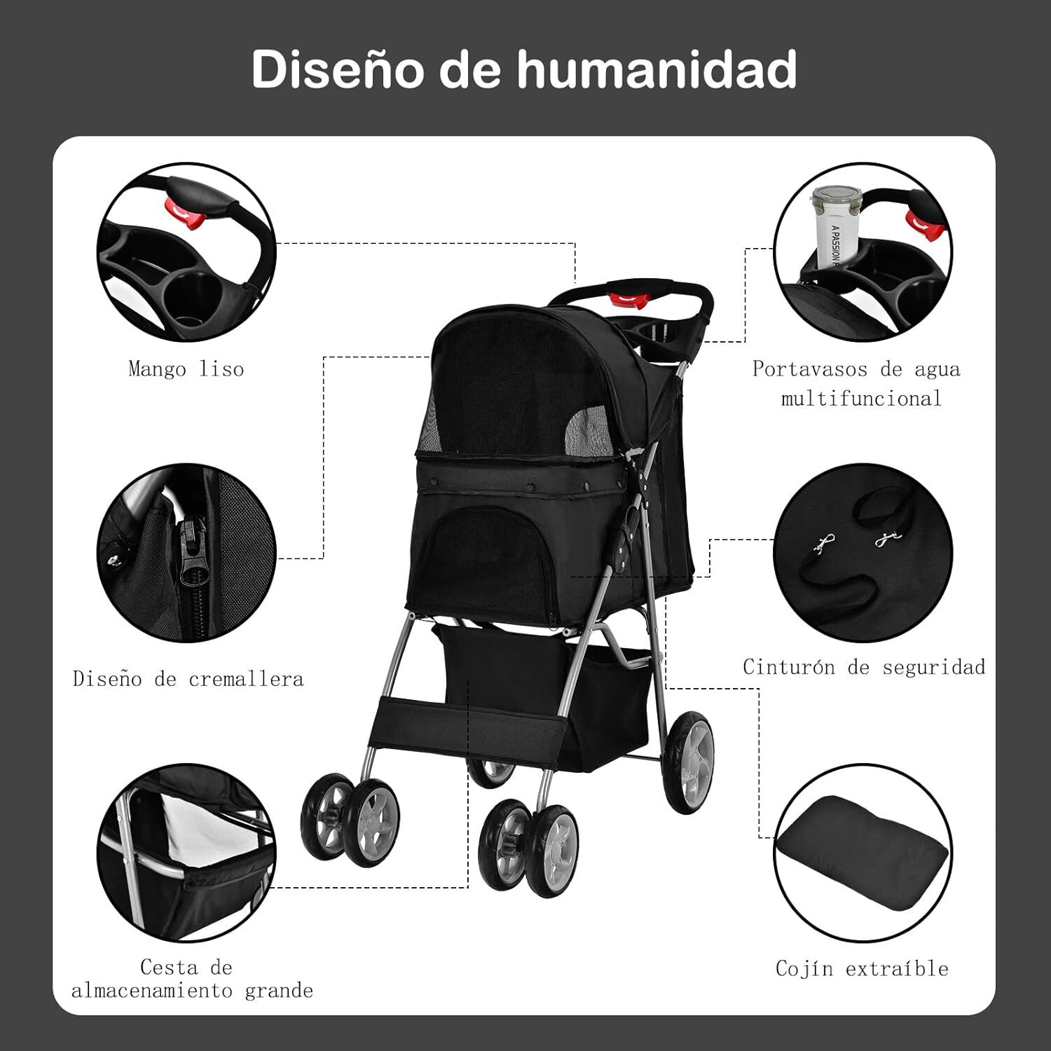 COSTWAY Cochecito para Mascotas Plegable, Cochecito de Mascotas de 4 Ruedas para Gatos/Perros, Carrito para Gatos con Cesta de Almacenamiento para Mascotas, Ventana de Malla, impermeable (Negro), , large Imagen numero 3