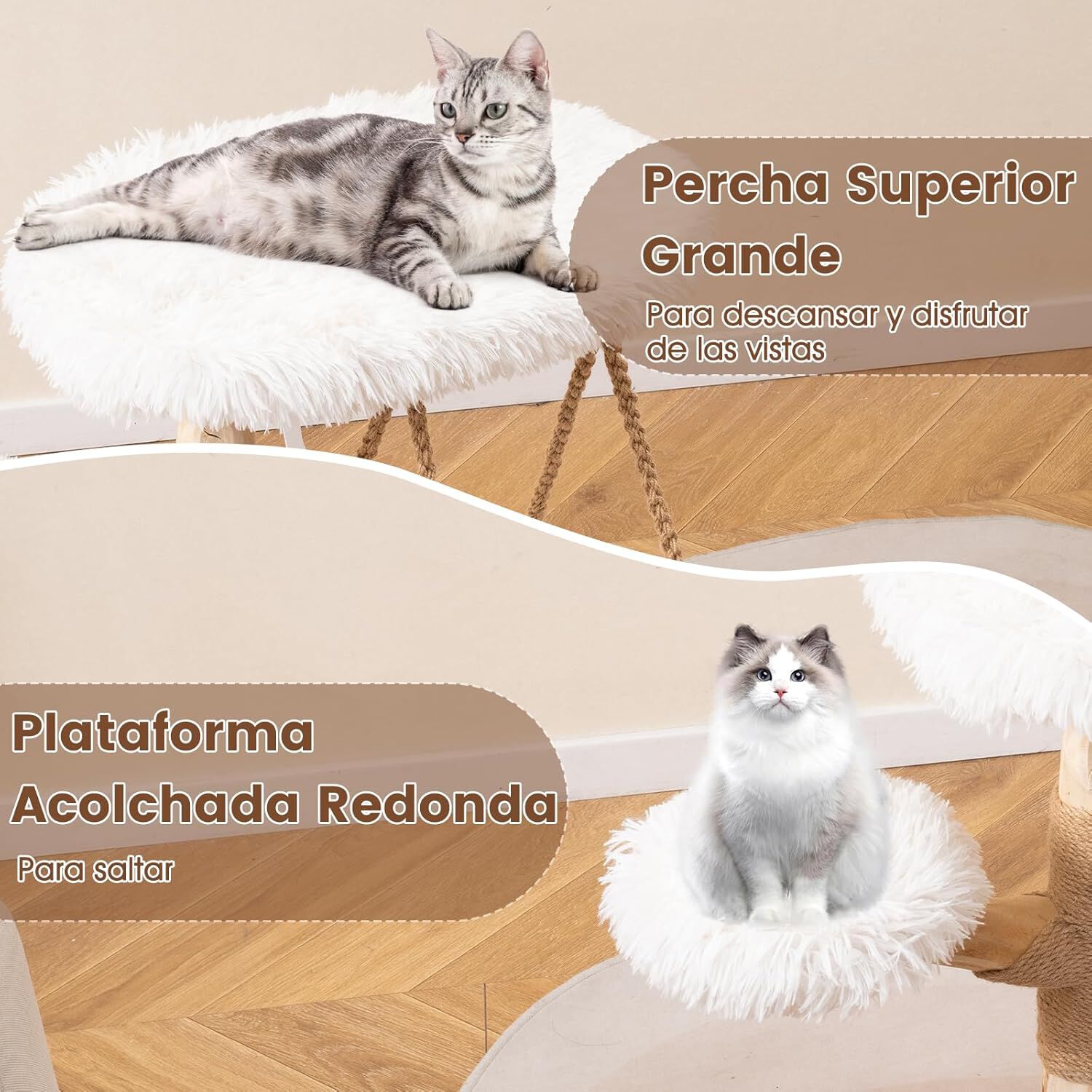 COSTWAY Árbol Rascador para Gatos Moderno, Marco de Madera Peral, 66 cm Torre para Gatitos con Cuna Colgante, Arbol Gatos con Plataforma Acolchada, Cojín de Peluche Suave, Poste de Yute, Blanco thumbnail