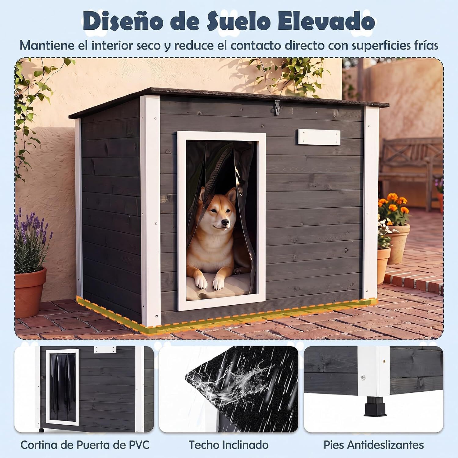 COSTWAY Caseta para Perros Exterior, Casa para Perros de Madera | con Puerta, Techo Inclinado Abatible, Puerta de PVC, Patas Elevadas, 85,5 x 56,5 x 64,5cm Mueble Perrera para Mascotas, Gris, , large Imagen numero 3