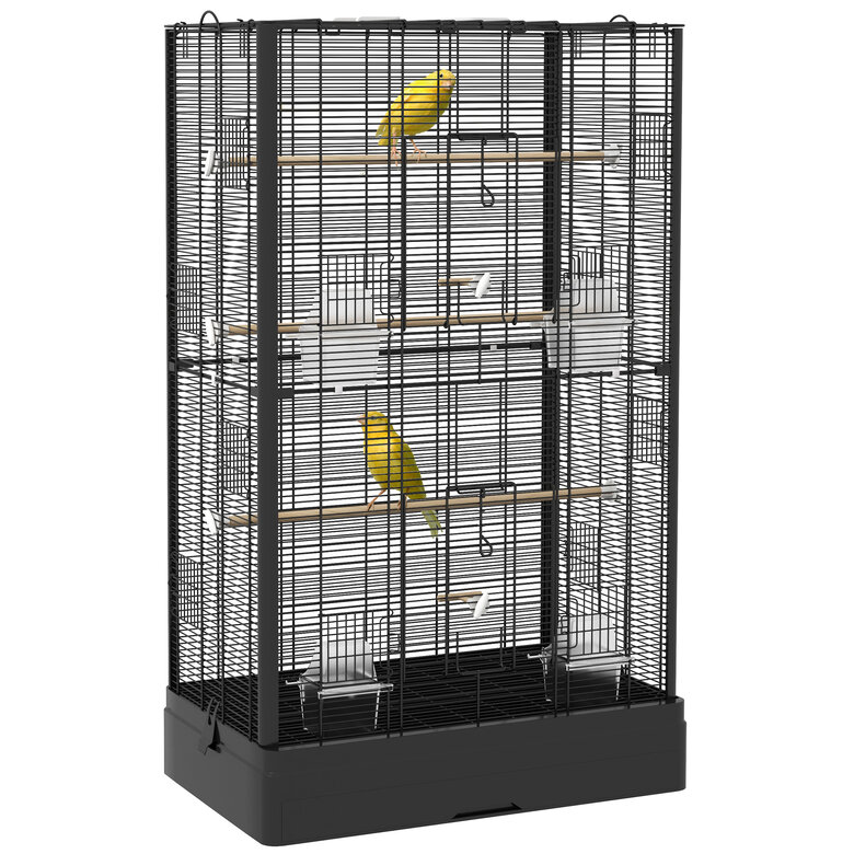 PawHut Jaula para Pájaros 61x36,5x98 cm Pajarera con Puertas Perchas Bandeja Extraíble Cajas de Comidas y Asas Jaula para Ninfas Periquitos Pinzones Canarios Negro