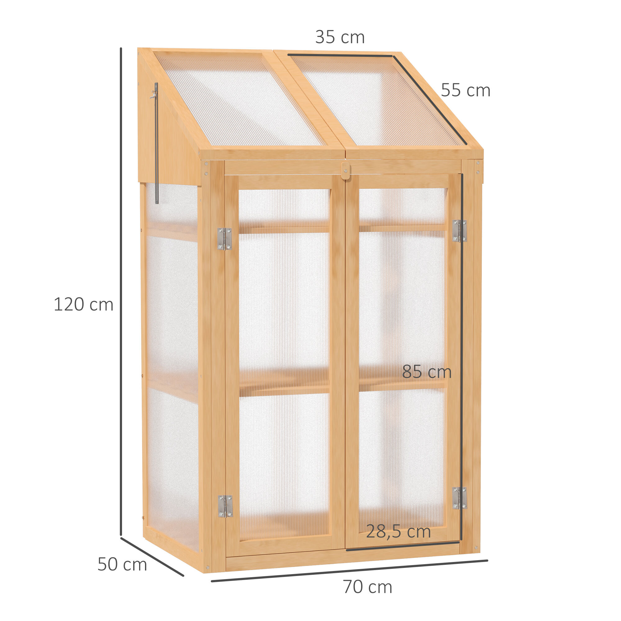 Outsunny Invernadero de Madera con Paneles de Policarbonato Invernadero de Jard&iacute;n Vivero Casero con Tapa Abatible 2 Puertas y 3 Estantes para Cultivo Plantas Flores Terraza Patio 70x50x120 cm Natural, , large Imagen numero 3