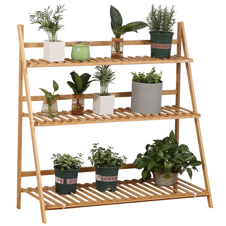 Outsunny Estantería para Plantas de 3 Niveles de Bambú Soporte para Flores y Macetas thumbnail