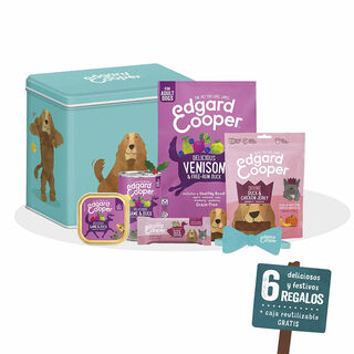 Edgard & Cooper Kit de Navidad con pienso, snacks, comida húmeda, contenedor y pajarita para perros