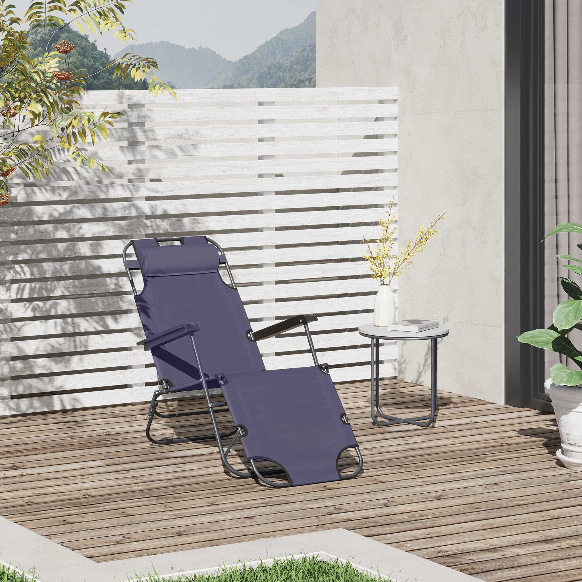 Outsunny Tumbona Reclinable y Plegable Silla de Playa Tumbona Relax Plegable con Respaldo Ajustable Reposabrazos Almohada y Reposapi&eacute;s para Jard&iacute;n Balc&oacute;n Carga 136 kg 135x60x89 cm Gris, , large Imagen numero 2