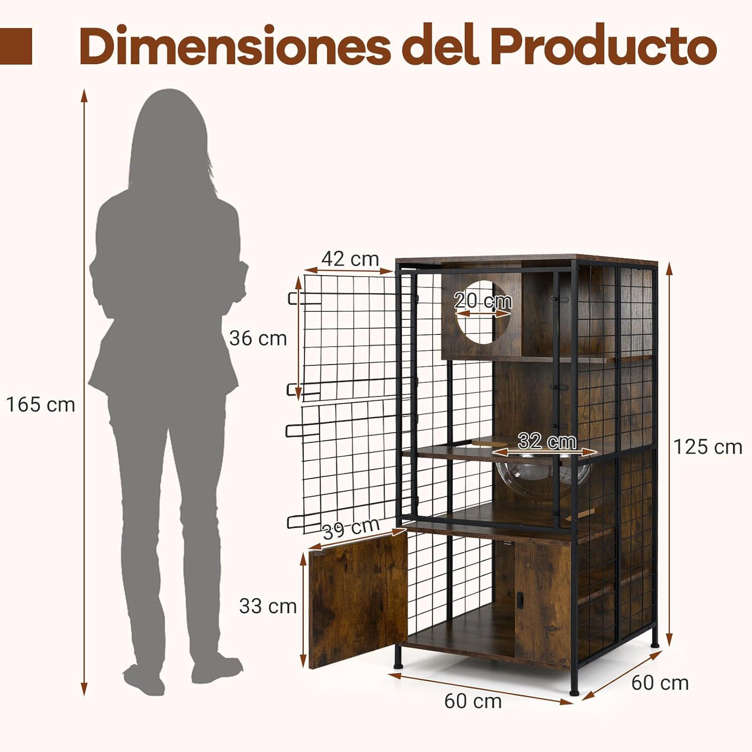 COSTWAY Jaula Grande para Gatos, Jaula Torre para 1-3 Gatos Multinivel con Marco Met&aacute;lico, Agujeros, Armario, 3 Puertas con Cerradura, Almohadillas Ajustables para Pies, Parque para Mascotas Interior, , large Imagen numero 5