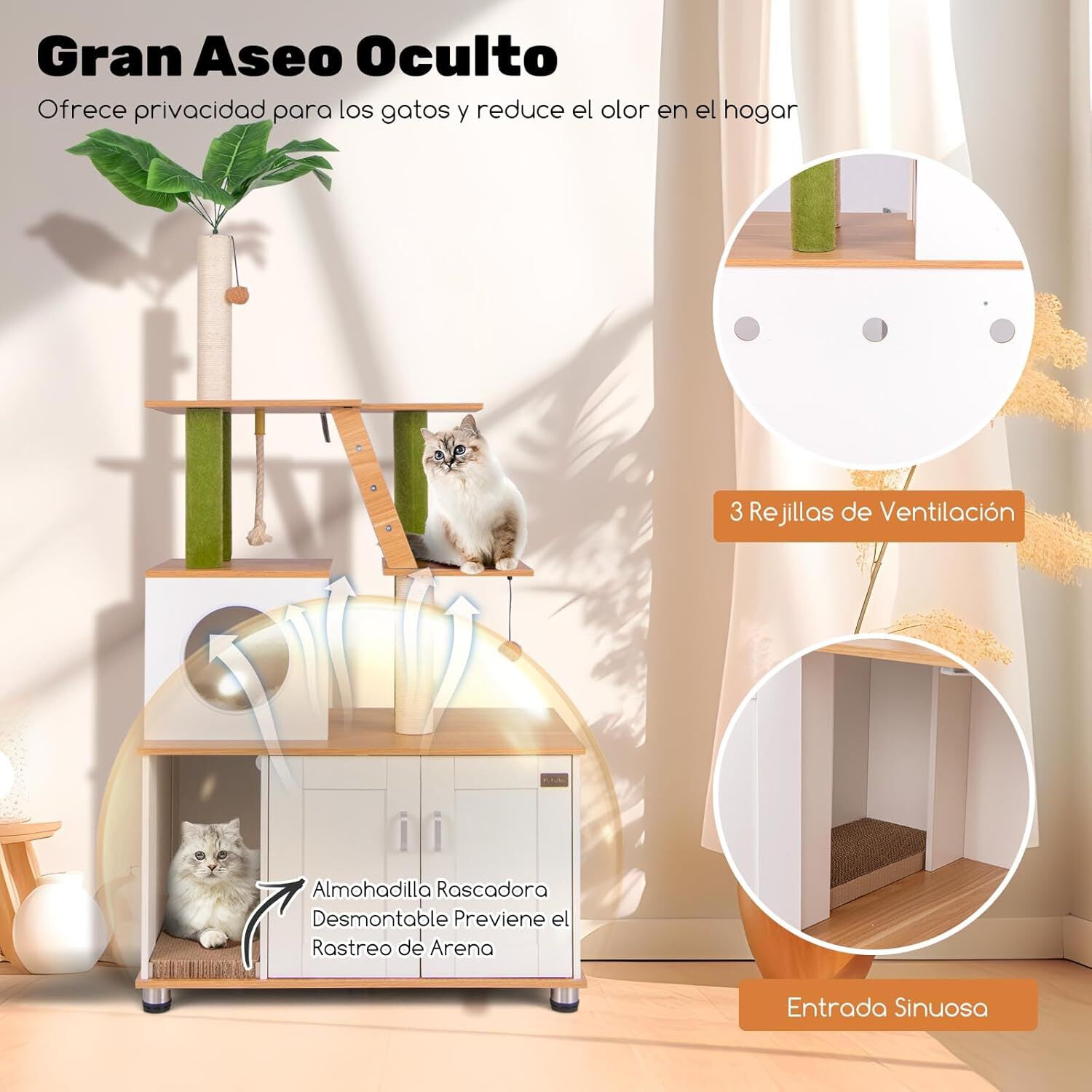 COSTWAY &Aacute;rbol para Gatos con Caja de Arena, 2 en 1 Rascador para Gatos Moderno, &Aacute;rbol de Actividades para Gatos con Escalera, Rascador, Cuerda de Sisal y Bolas Colgantes, Verde y Blanco y Natural, , large Imagen numero 3