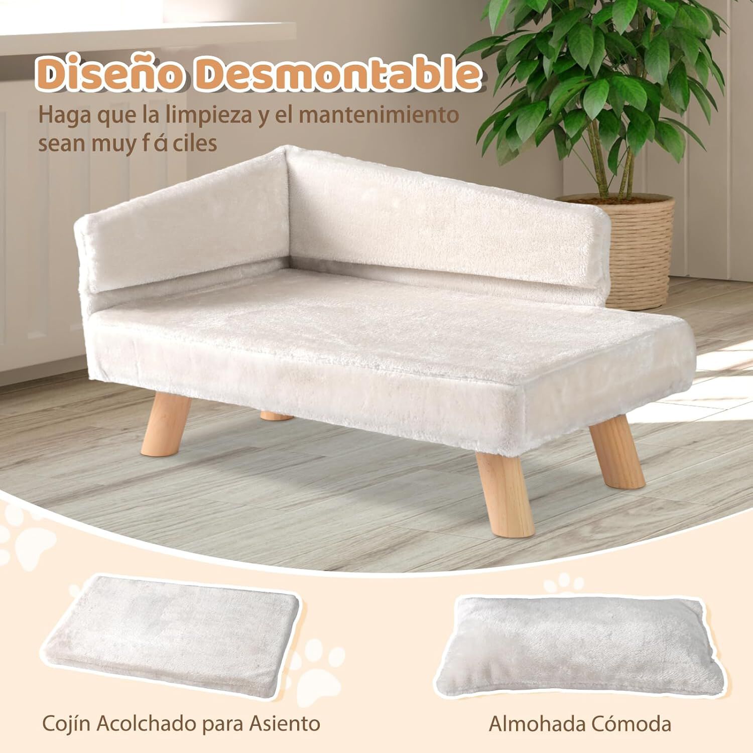 COSTWAY Cama para Gatos, mullida y Suave, sof&aacute; para Gatos medianos y peque&ntilde;os, Linda Cama para Gato con Base Antideslizante, Pies de Madera, Sof&aacute; Sill&oacute;n para Interior, 71 x 43 x 40 cm (Blanco), , large Imagen numero 3