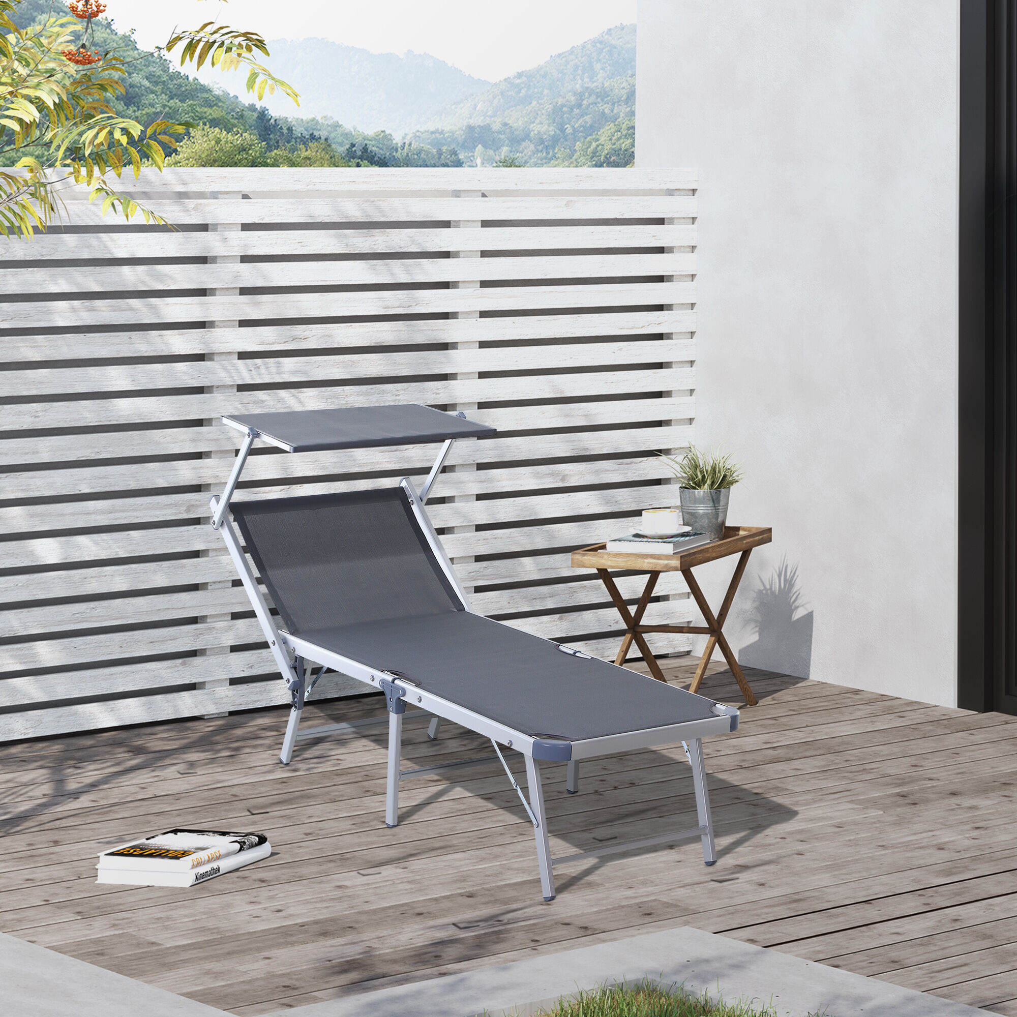 Outsunny Tumbona Plegable y Reclinable de Aluminio con Toldo Incorporado para Piscina Jard&iacute;n Terraza Exterior Carga 120 kg 169x72x50/70cm Gris, , large Imagen numero 2
