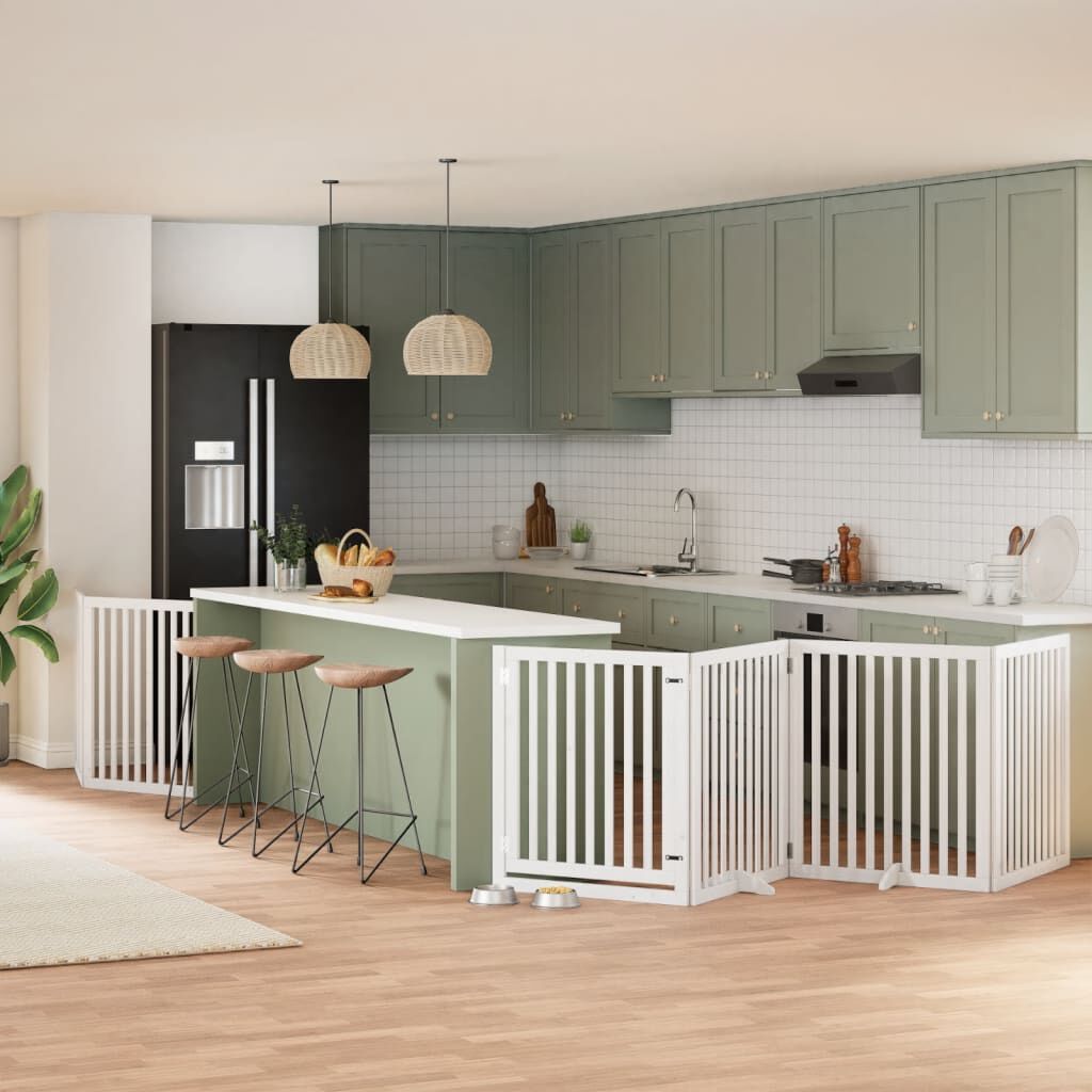 vidaXL Puerta de perros plegable 6 paneles madera &aacute;lamo blanca 480 cm, , large Imagen numero 2