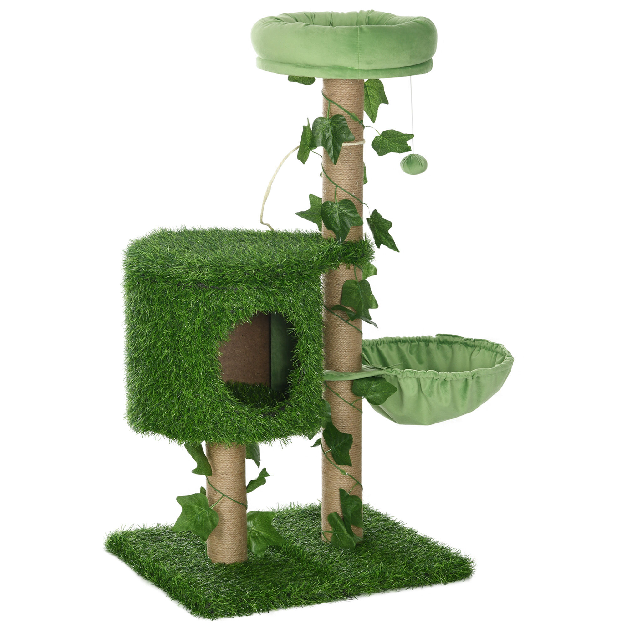 PawHut &Aacute;rbol Rascador para Gatos 91 cm Torre para 1-2 Gatos con Caseta Cama Hamaca Poste de Yute y Bola Colgante 50x40x91 cm Verde, , large Imagen numero 1