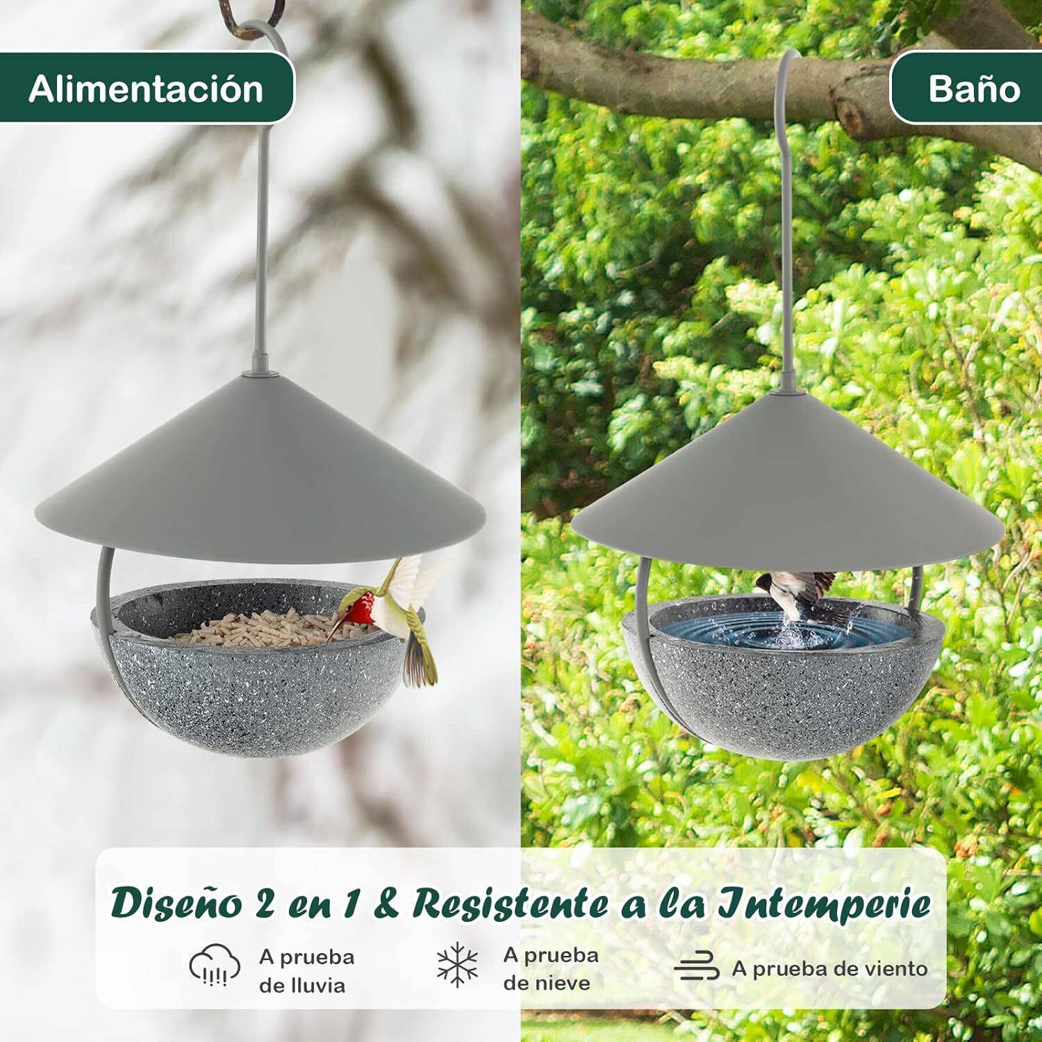 COSTWAY 2 en 1 Comedero para P&aacute;jaros, Comedero Colgante de Metal con C&uacute;pula Resistente a la Intemperie, Gancho y Cuenco de Agua, Comedero para Aves Silvestres, Comedero Exterior para Semillas y Agua, , large Imagen numero 3
