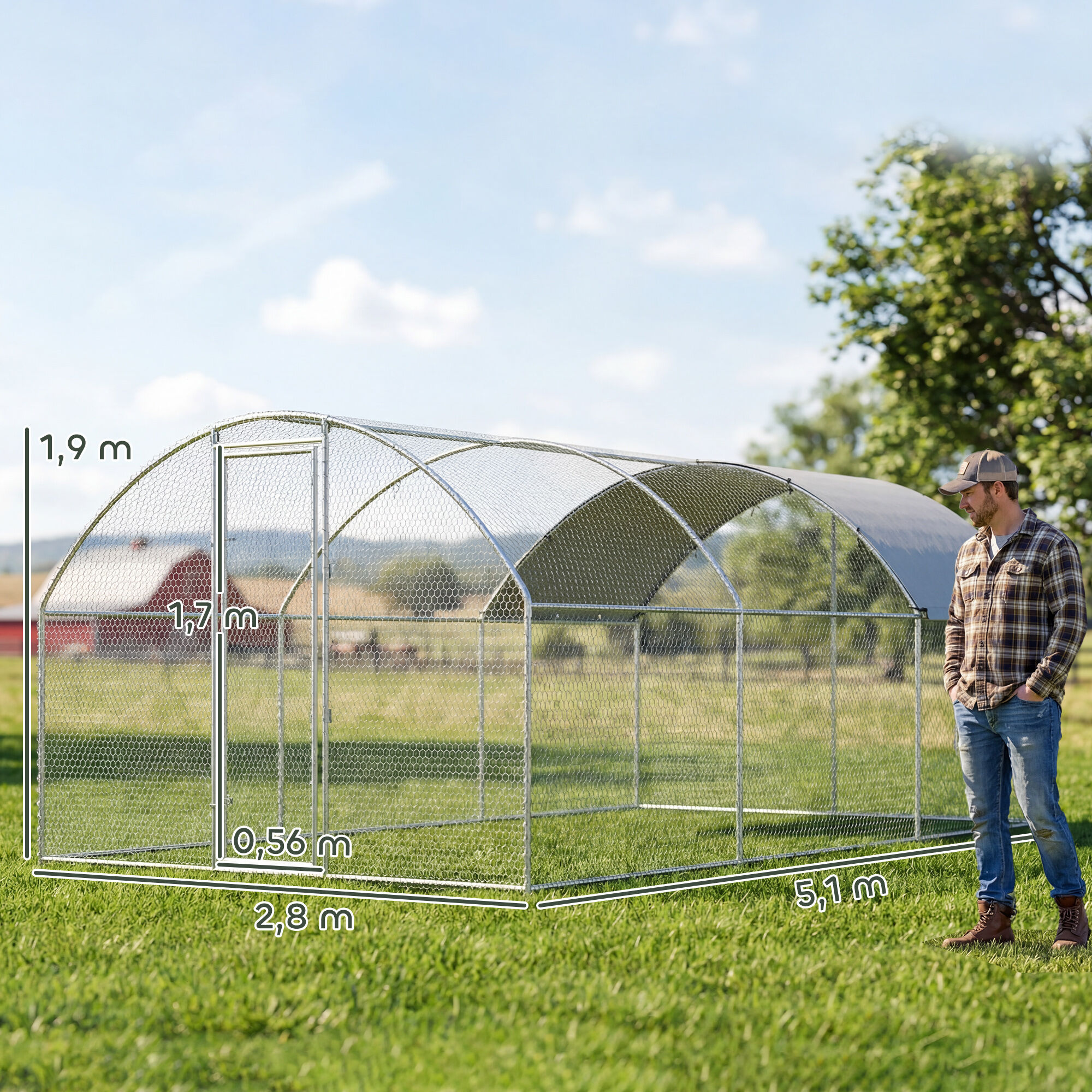 PawHut Gallinero para Exterior Grande, 2,8x5,1x1,9 m, 14,2 m&sup2;, Gallinero de Acero Galvanizado con Cubierta de Tela Oxford, Anti-UV e Impermeable, Puerta y Pestillos, Jaula para 15-24 Gallinas, Plata, , large Imagen numero 3