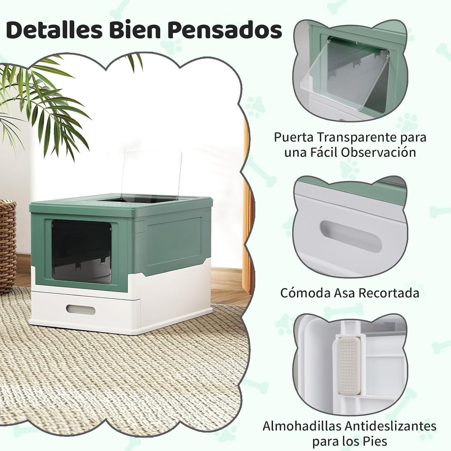 COSTWAY Arenero para Gatos Cubierto, Caja de Arena para Gatos Grande con Entrada Frontal y Salida Abatible, Bandeja Port&aacute;til, Caj&oacute;n, Arenero Cerrado Plegable para Gato, 50x38x37 cm (Verde + Blanco), , large Imagen numero 4