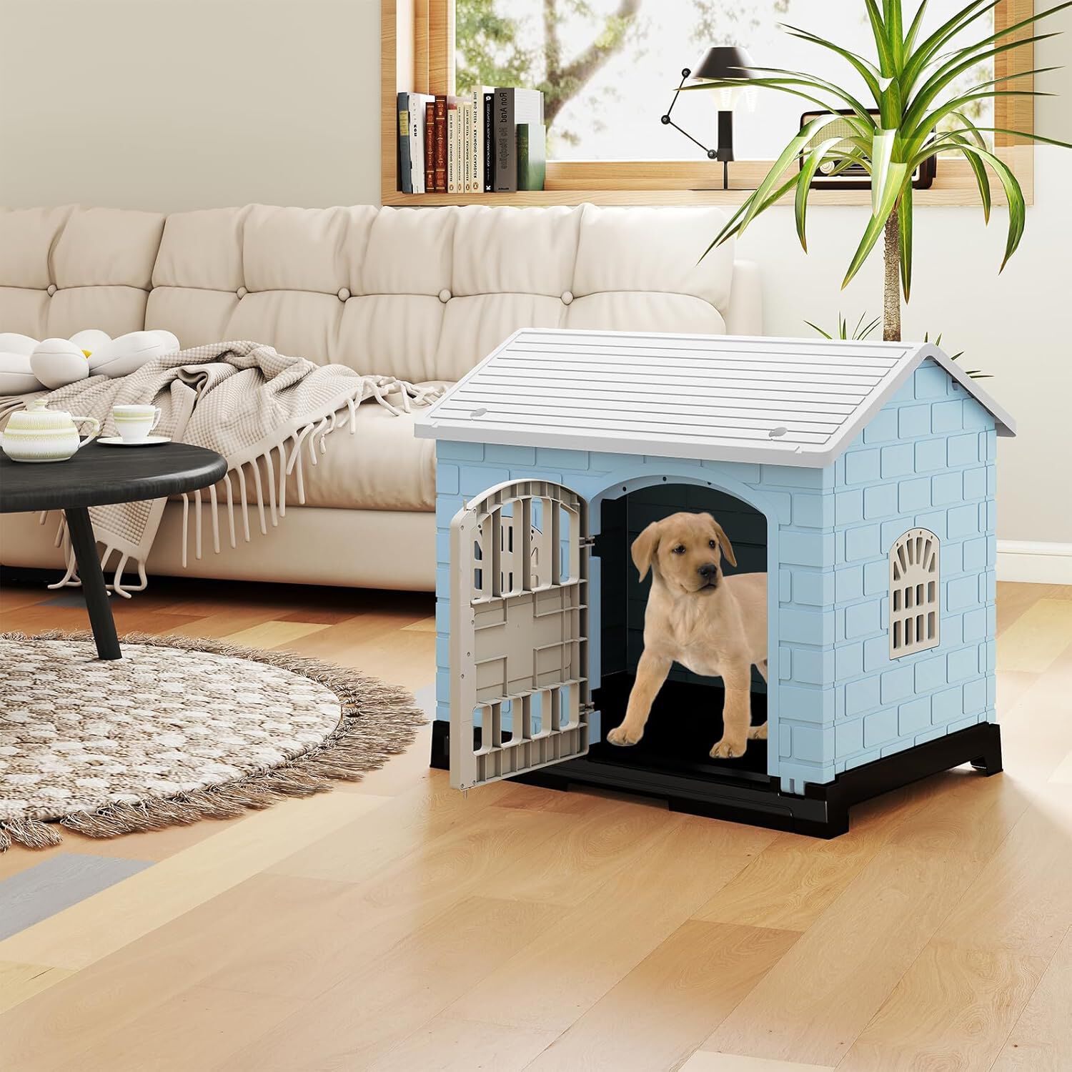 COSTWAY Casa para Perros Plegable de Pl&aacute;stico, Refugio para Mascotas Resistente a la Intemperie con Bandeja de Inodoro, Puerta con Cerradura, Techo Inclinado, Jaula de Interior Exterior para Cachorros Gatos, , large Imagen numero 2