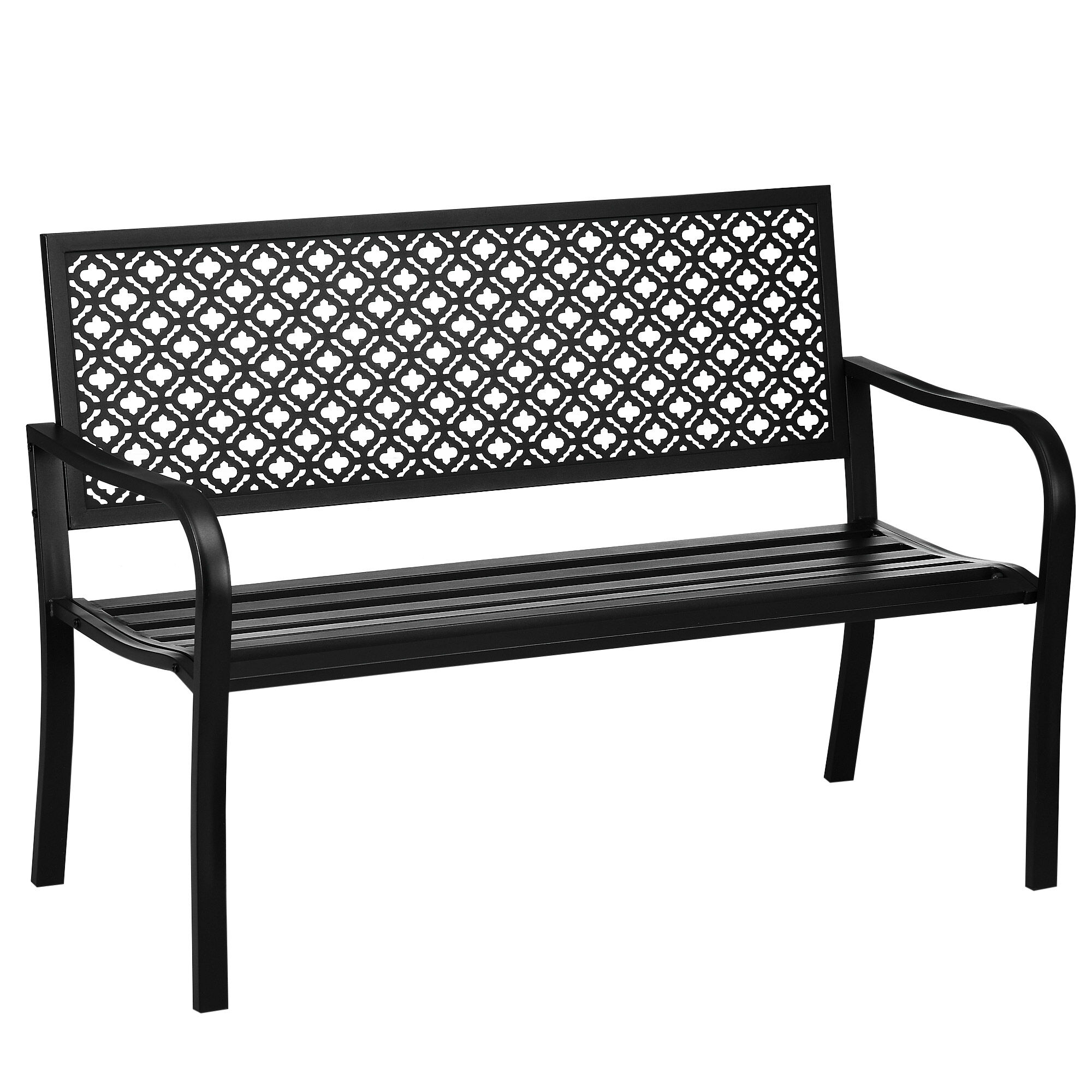 Outsunny Banco de Jard&iacute;n de Acero Banco Exterior de 2 Plazas con Respaldo Decorativo Estampado para Terraza Balc&oacute;n Patio Carga 240 kg 127x63x83 cm Negro, , large Imagen numero 1
