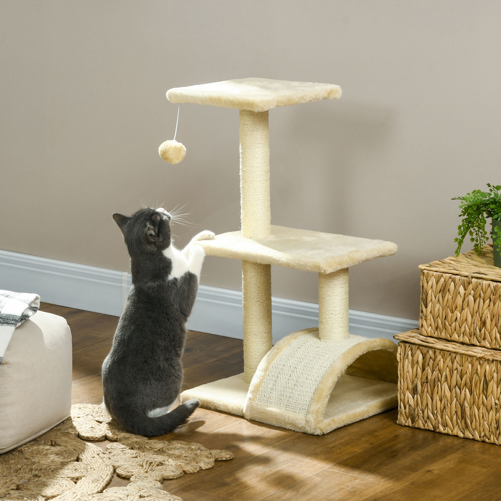 PawHut &Aacute;rbol Rascador para Gatos Mediano &Aacute;rbol para Gatos de 3 Niveles Torre para Gatos con Postes de Sisal Tablero para Rascar y Bola Colgante Crema, , large Imagen numero 2