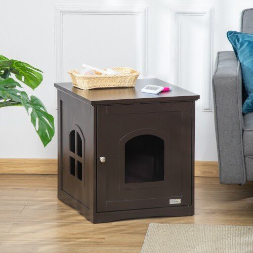 PawHut casa de madera y mueble arenero marr&oacute;n para gatos, , large Imagen numero 4