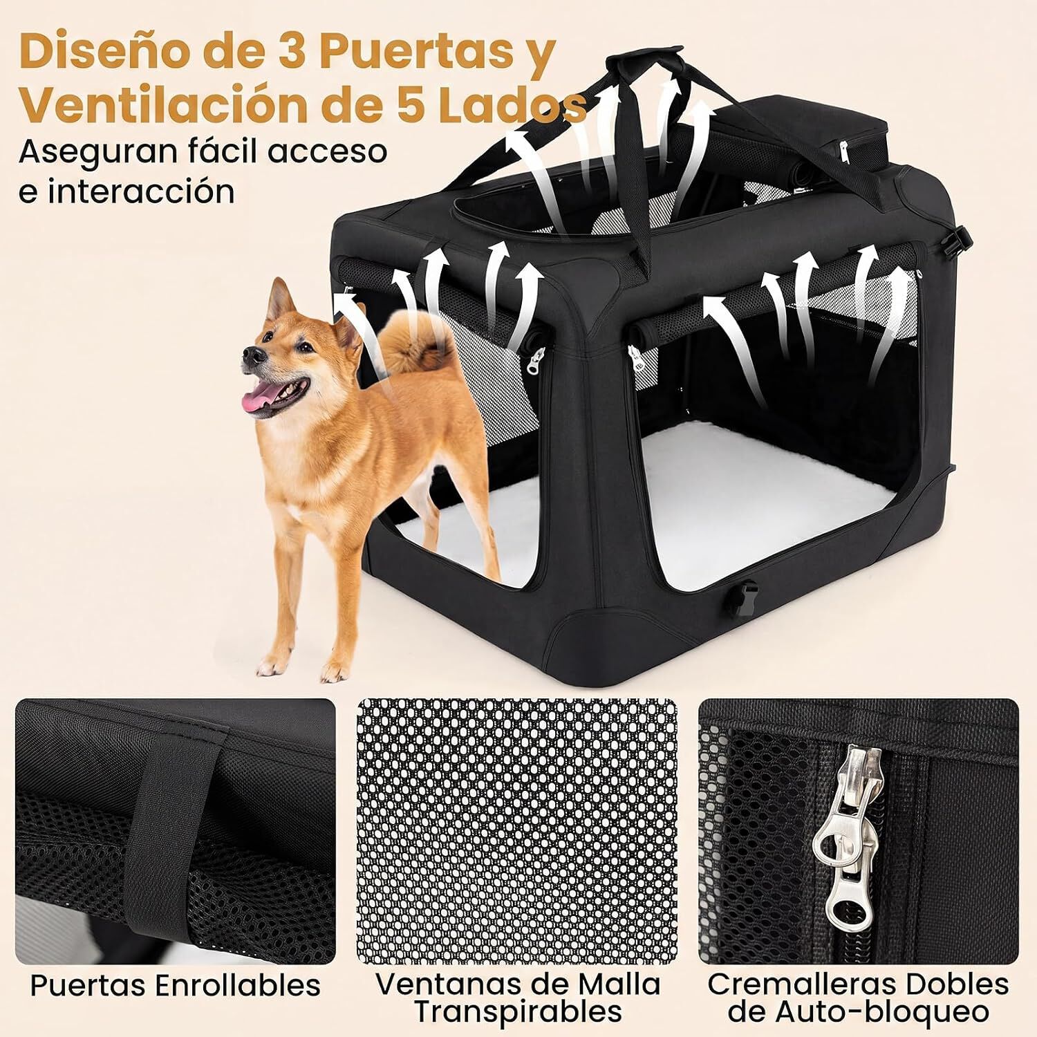COSTWAY Transport&iacute;n para Perros Plegable, Bolsa Transporte para Gatos con Ventanas de Malla, 3 Puertas y Bolsillos Extra&iacute;bles, Portador de Viaje para Mascotas Interior y Exterior (Negro, M), , large Imagen numero 3