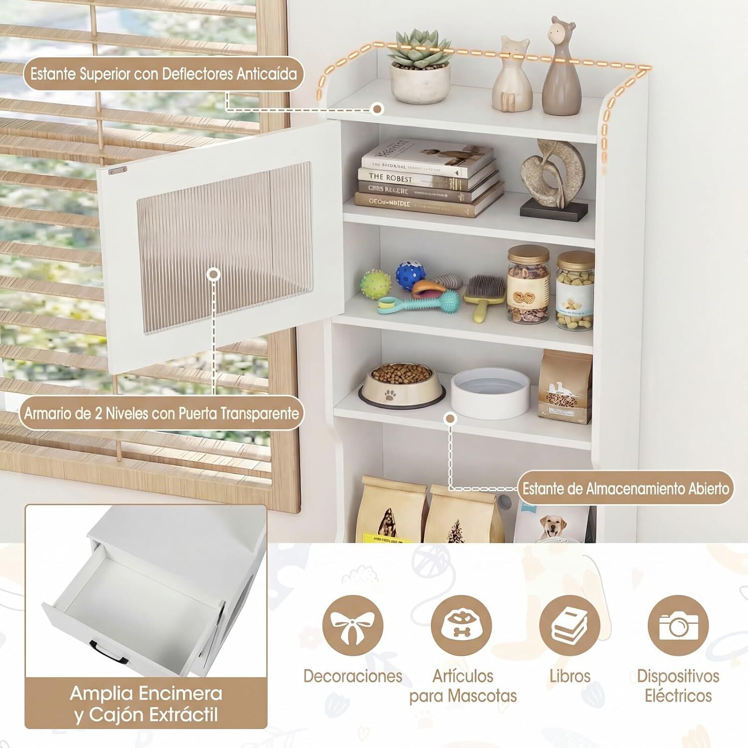 COSTWAY Mueble Arenero Gatos Alto con Luz LED, Armario Arenero para Gatos con Estantes, Estaci&oacute;n de Carga, Caj&oacute;n, 20 Modos de Luz, Control Remoto, Mueble Auxiliar para Gato, 50x45x152cm, Blanco, , large Imagen numero 4