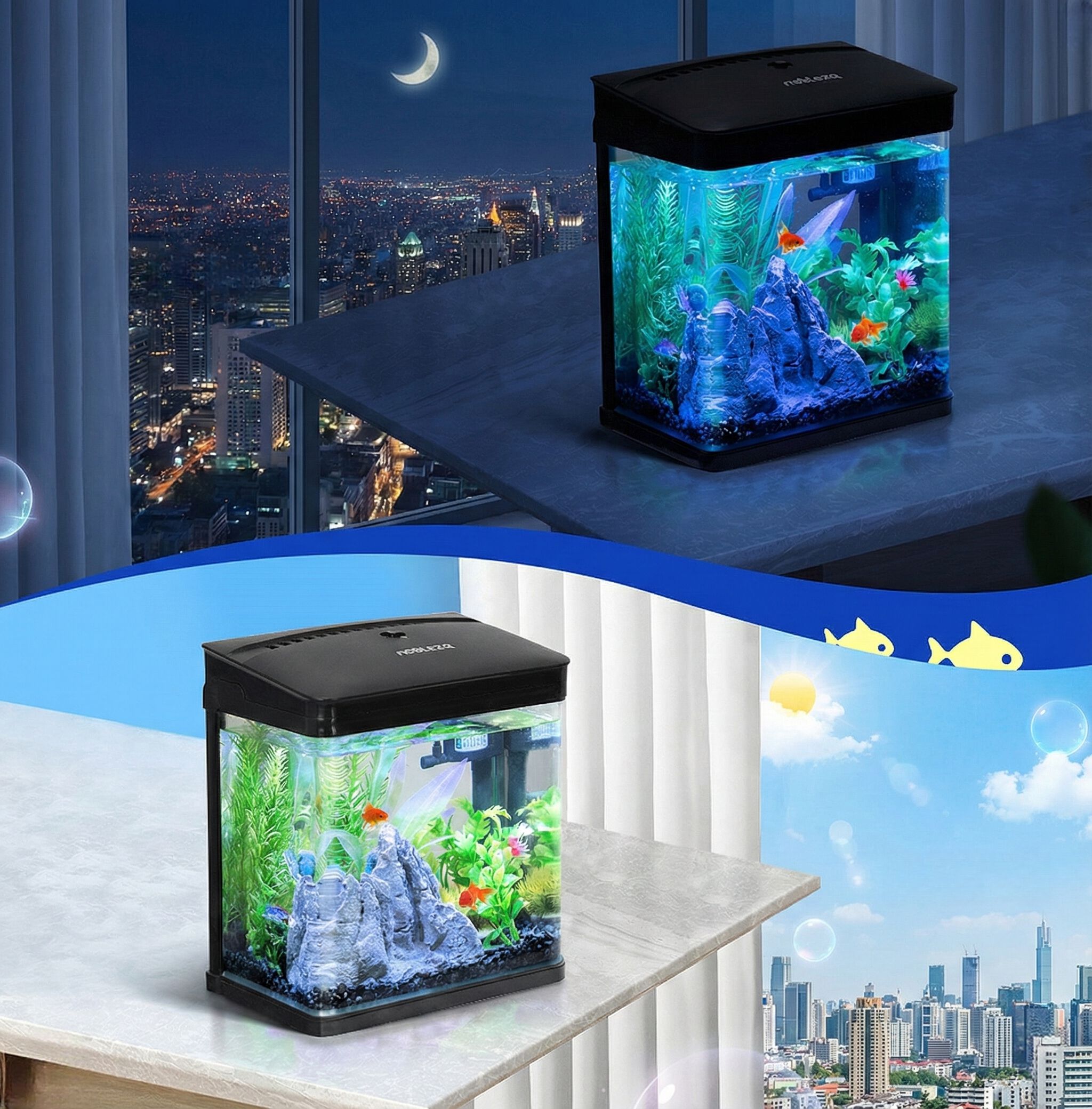 Nobleza Kit de Acuario 7L de Cristal con Iluminaci&oacute;n LED y Sistema de Filtraci&oacute;n - Nano Pecera de Dise&ntilde;o Curvo y Silencioso - Negro, , large Imagen numero 2