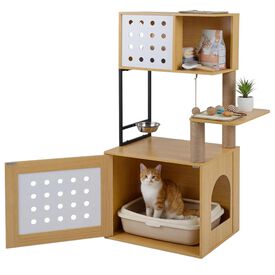 COSTWAY &Aacute;rbol Rascador para Gatos, Torre para Gatos de de M&uacute;ltiples Niveles con Postes Rascadores de Sisal, Condo, Zona de Alimentaci&oacute;n y Bola Colgante y Recinto para Caja de Arena, 117,5 cm (Natural)