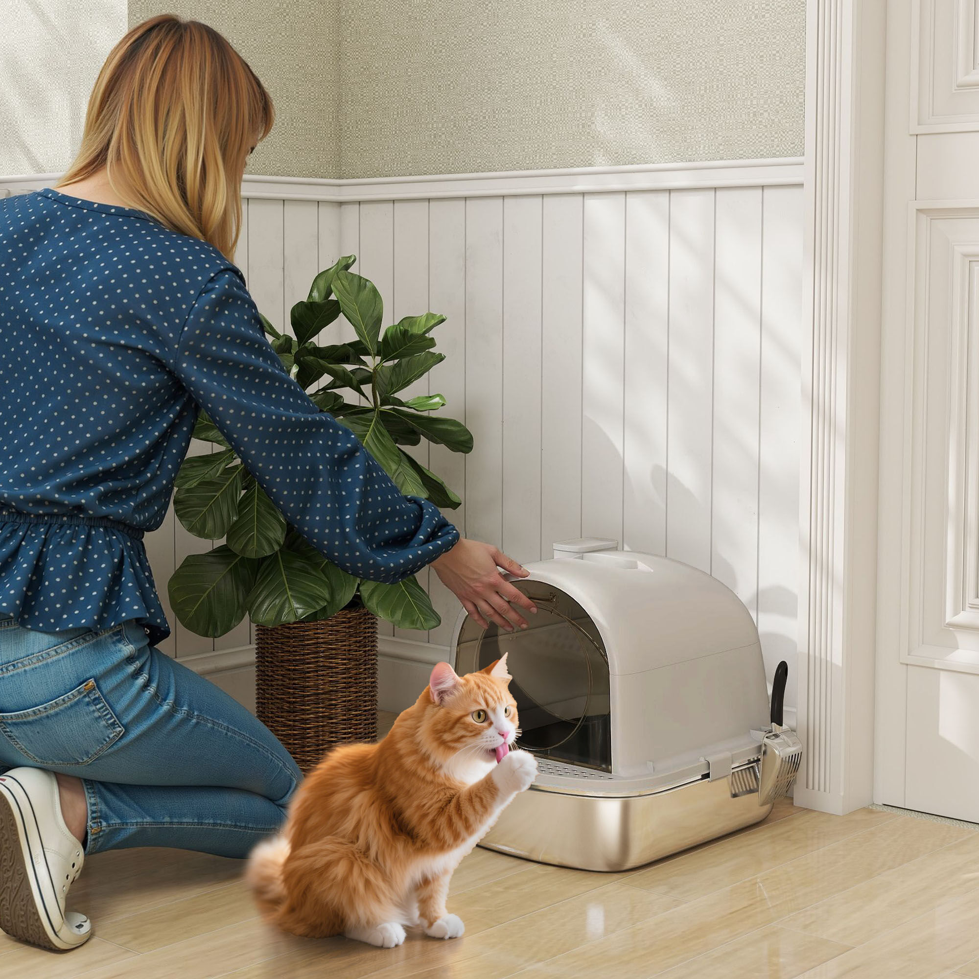 PawHut Arenero para Gatos de Acero Inoxidable con Cubierto Caja de Arena para Gatos Arenero con Bolsa Desodorizante Pala Fácil de Limpiar 52,4x41,3x39,9 cm Gris thumbnail