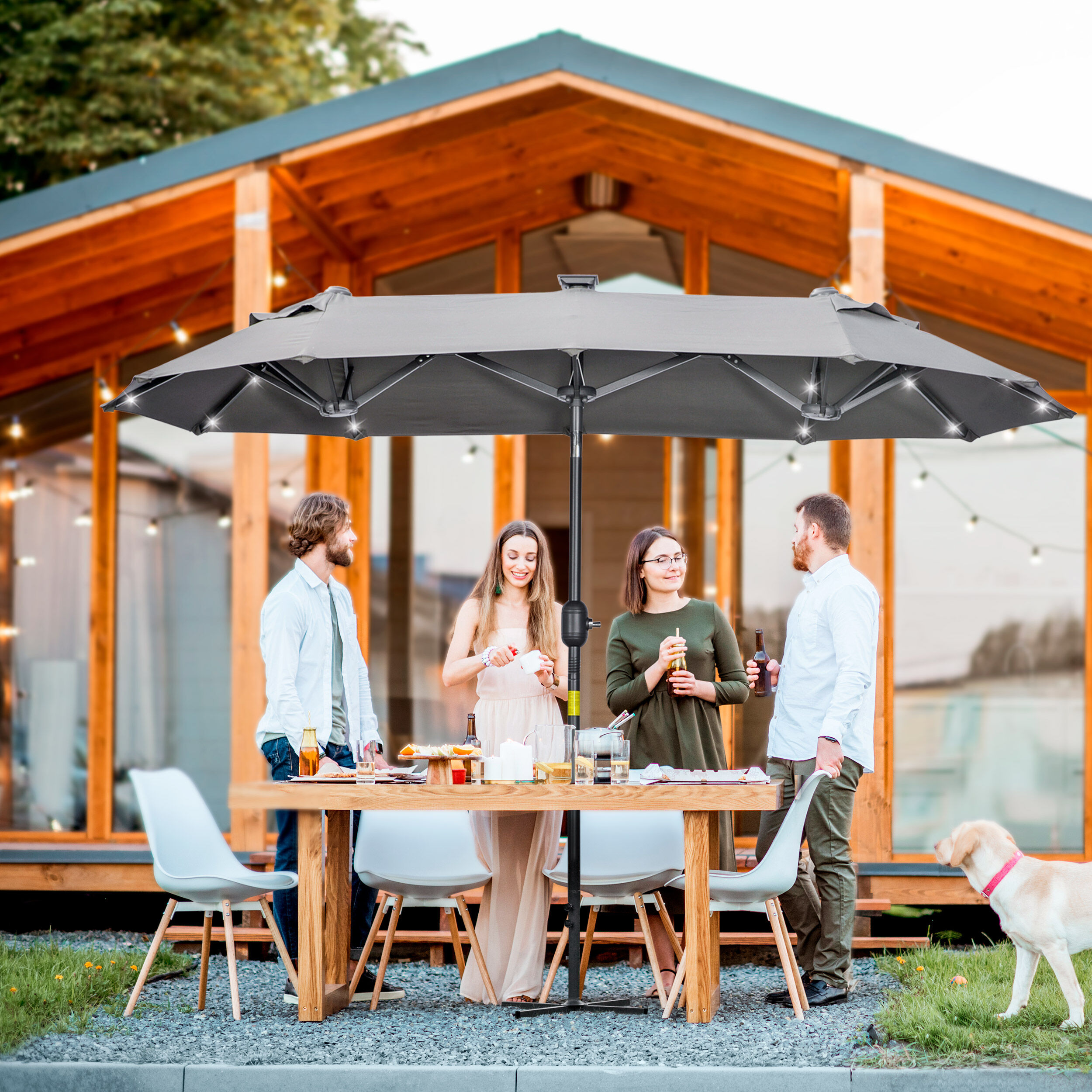 Outsunny Sombrilla Doble Sombrilla De Jardín Con Luces Led Gris thumbnail