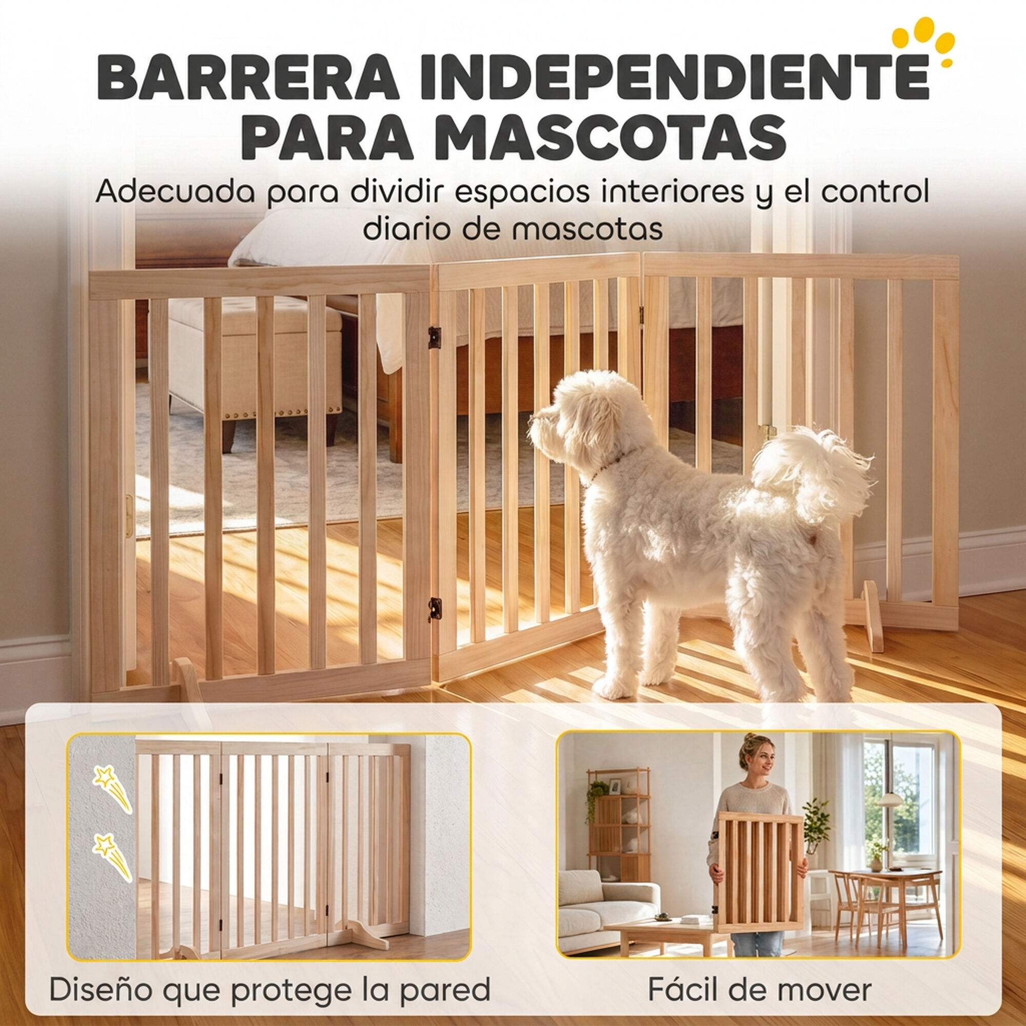 PawHut Barrera para Perro Madera Natural, , large Imagen numero 4