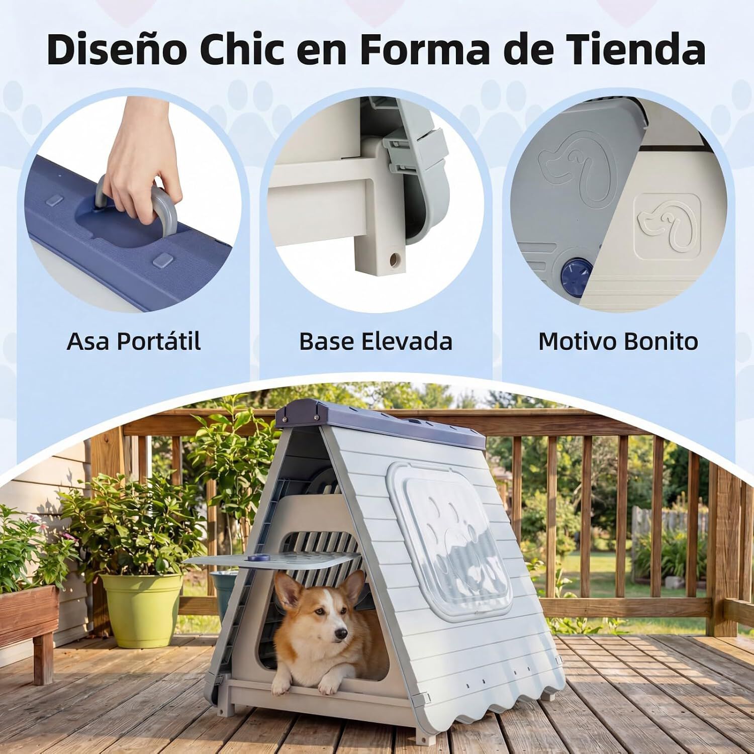 COSTWAY Caseta Perros para Exterior, Casa Plegable de Pl&aacute;stico para Perros con Puerta de Solapa Bloqueable, Ventanas, Base Elevada, Refugio Port&aacute;til Impermeable para Mascotas, 72 x 60 x 68 cm (Azul), , large Imagen numero 4