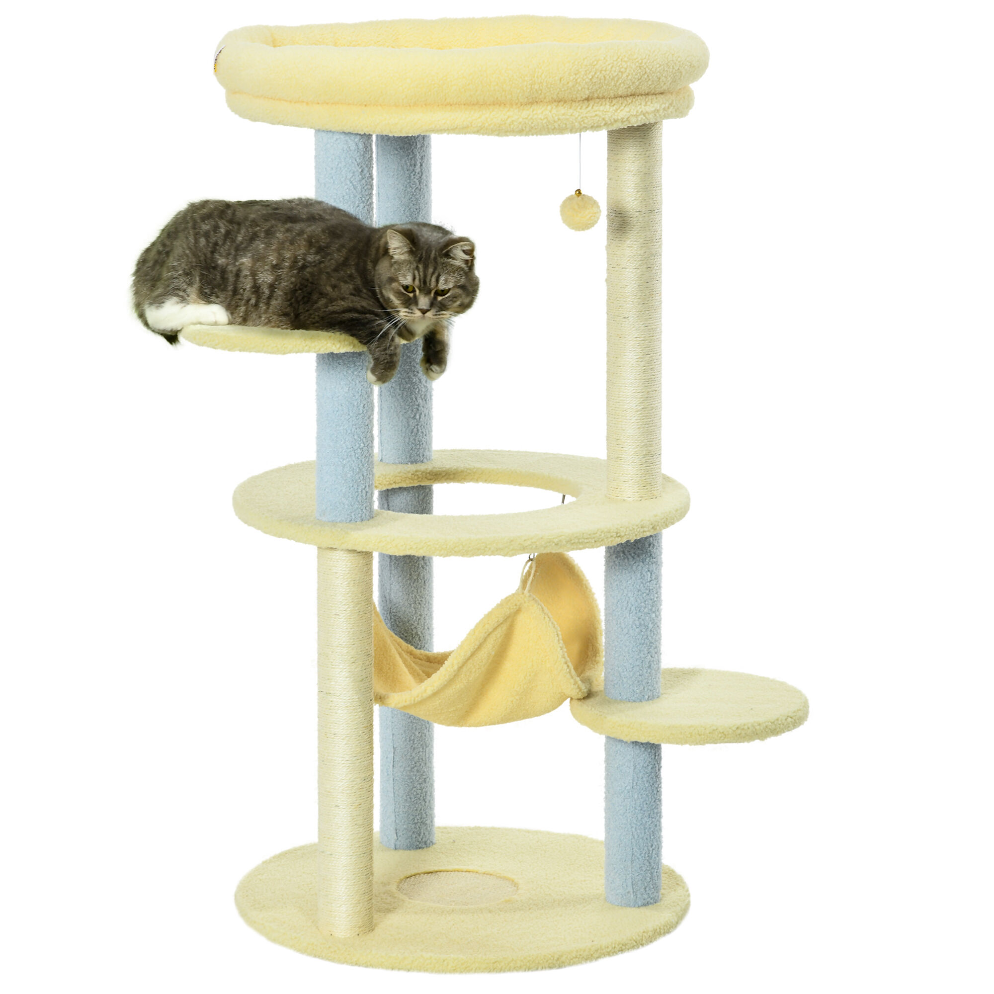 PawHut &Aacute;rbol Rascador para Gatos Mediano 110 cm Torre para Gatos Centro de Actividades para Gatitos con Hamaca Poste de Sisal y Bola Colgante &Oslash;58x110 cm Amarillo y Azul, , large Imagen numero 1