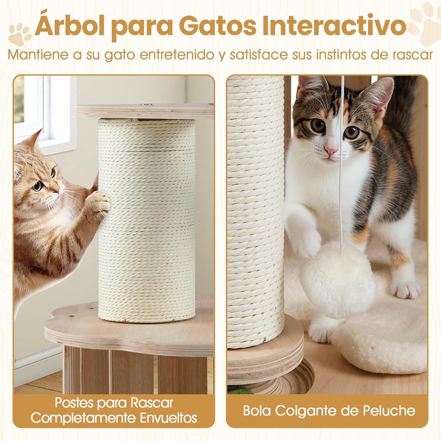 COSTWAY &Aacute;rbol Rascador Mediano para Gatos de Madera, Torre para Gatitos de 3 Niveles con C&aacute;psula Espacial Transparente, Condominio, Postes Rascadores y Alfombra Lavable, Cama para Gatos, 50x50x73cm, , large Imagen numero 4
