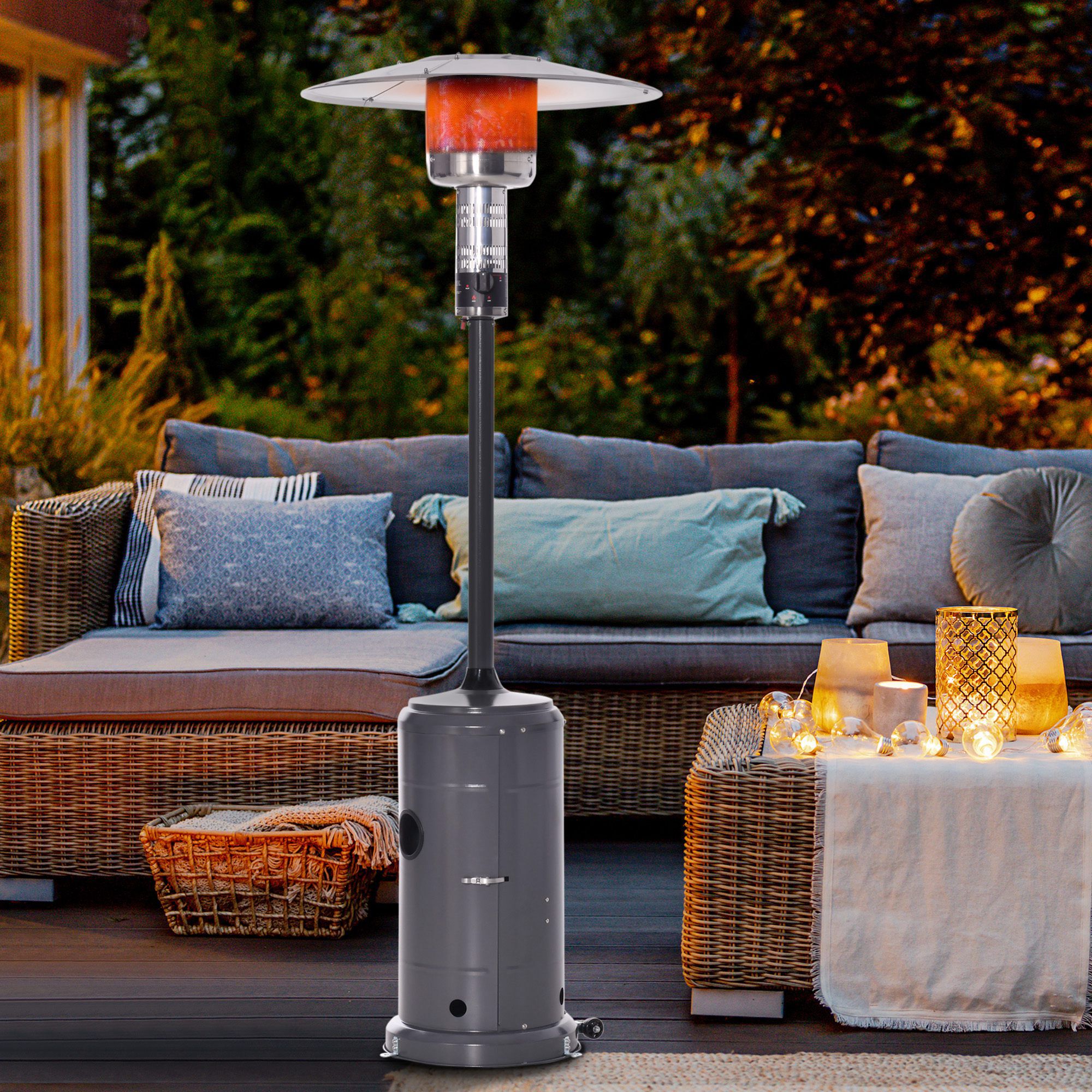 Outsunny Calentador de Patio 12,5KW Tipo Sombrilla Estufa de Gas para Exterior con Apagado Autom&aacute;tico Ruedas y Cubierta &Oslash;81,5x225 cm Gris Carb&oacute;n, , large Imagen numero 2