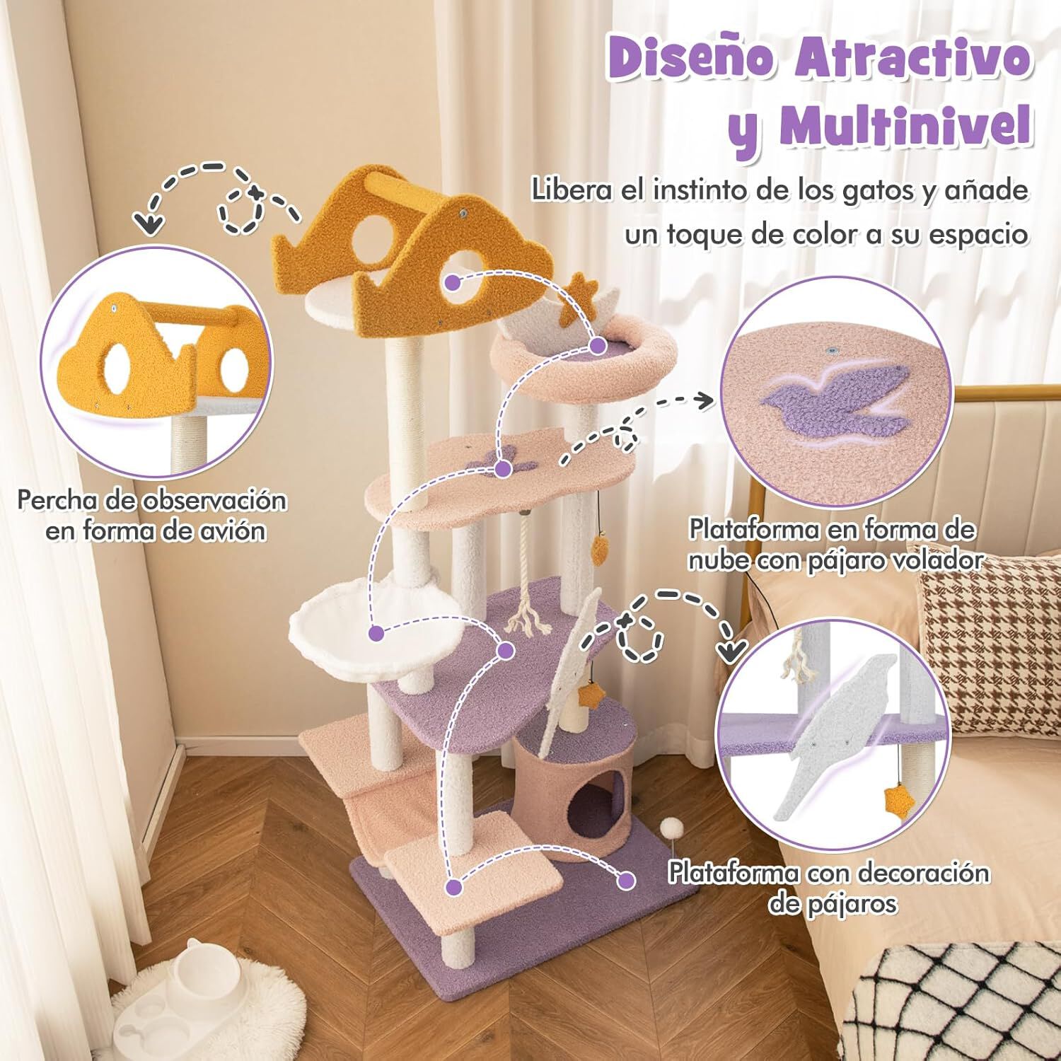 COSTWAY Árbol de Gatos Morado y Rosa para gatos thumbnail