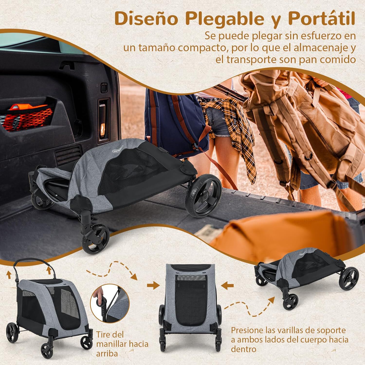 COSTWAY Cochecito para Mascotas Plegable, Coche de Perros Medianas y Grandes, Carro de Viaje para Perros con 4 Ruedas de Absorci&oacute;n de Impactos, Puerta Delantera, Tragaluz, Manija Ajustable gris, , large Imagen numero 4