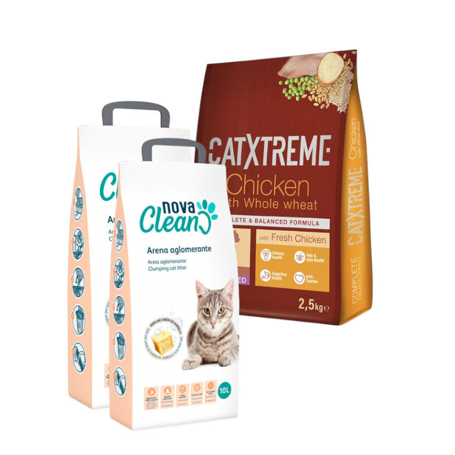 Pack 2.5 kg Pienso Catxtreme Pavo y Pollo + 20L Arena Aglomerante Nova Clean para gatos thumbnail