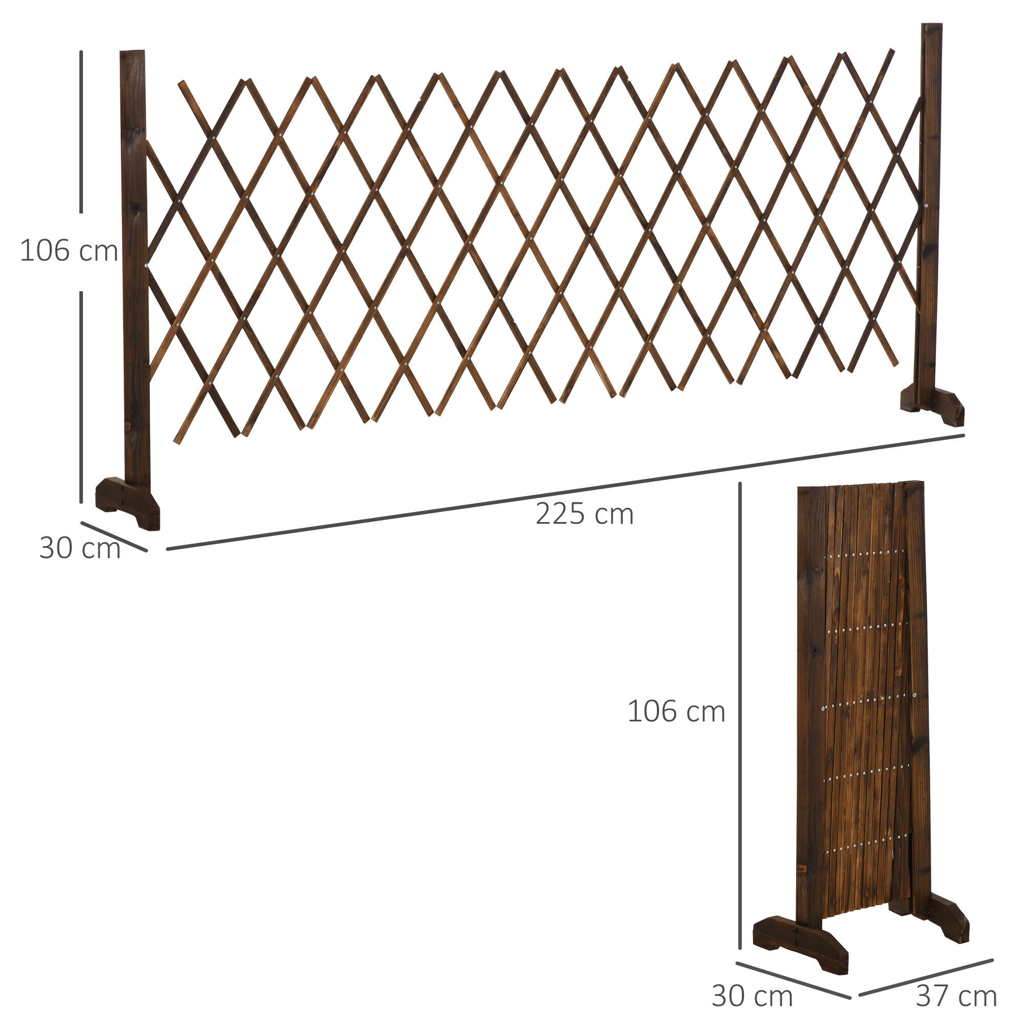 Outsunny Valla de Madera Extensible 37-225x30x106 cm Barrera de Seguridad para Perros Retr&aacute;ctil Multiusos para Decoraci&oacute;n C&eacute;sped Jard&iacute;n Patio Marr&oacute;n Carbonizado, , large Imagen numero 3