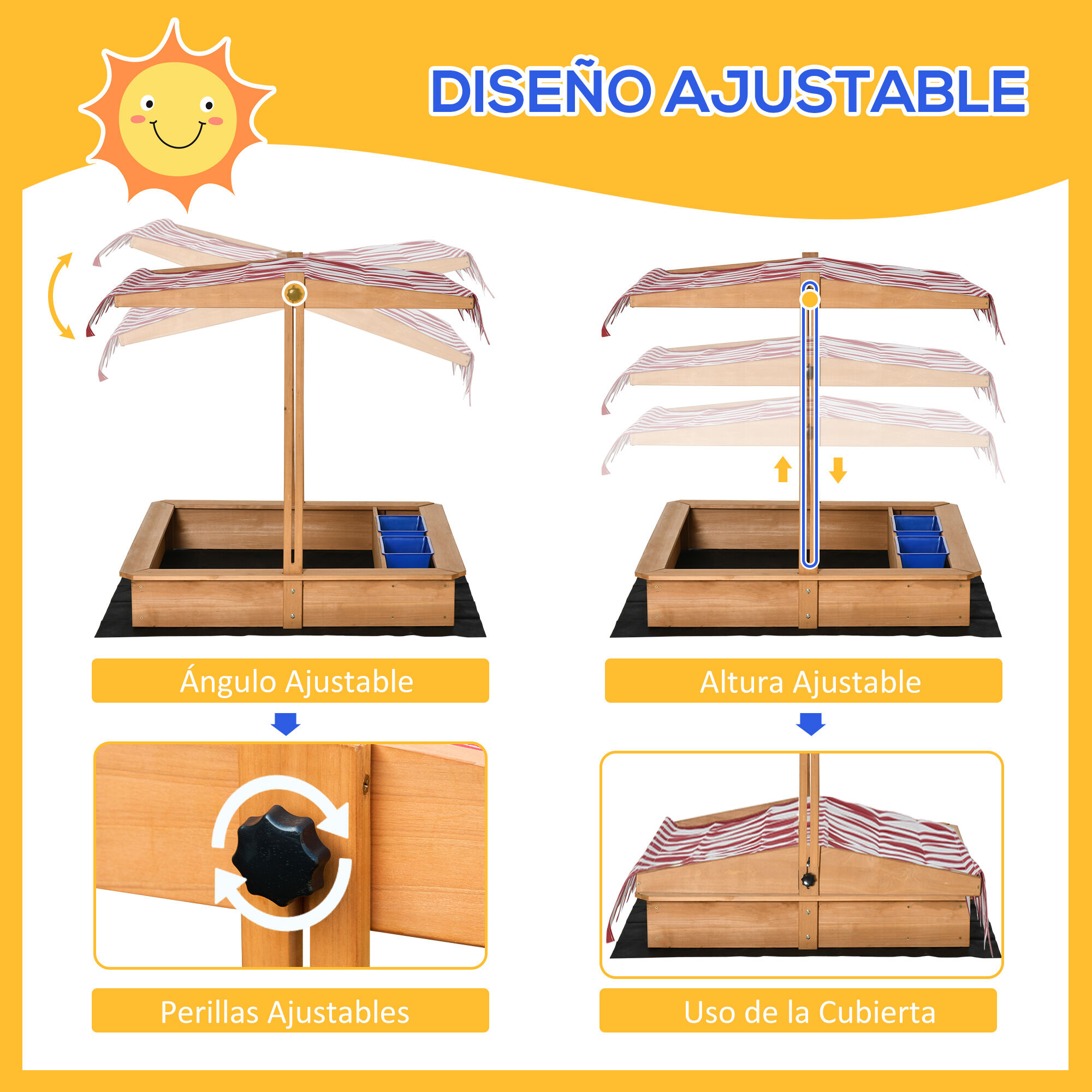 Outsunny Arenero Infantil de Madera con Techo Inclinable Ajustable en Altura y 2 Cubetas de Pl&aacute;stico Caj&oacute;n de Arena de Jard&iacute;n para Ni&ntilde;os +3 A&ntilde;os 107,5x107,5x110 cm Natural, , large Imagen numero 4