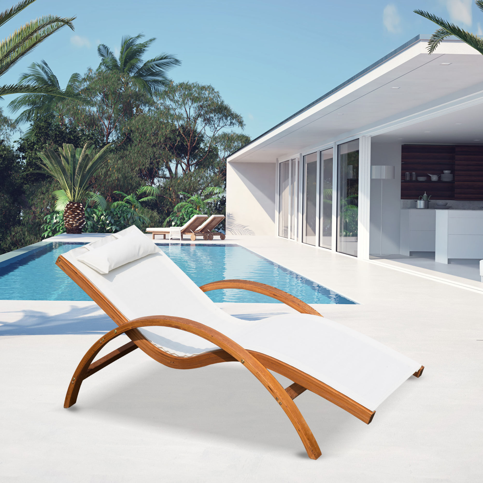 Outsunny Tumbona tipo Hamaca para Jard&iacute;n Terraza Playa Piscina o Patio 161x72x68 cm Color Blanco hecha de Madera Malla y Texteline con Almohadilla, , large Imagen numero 2