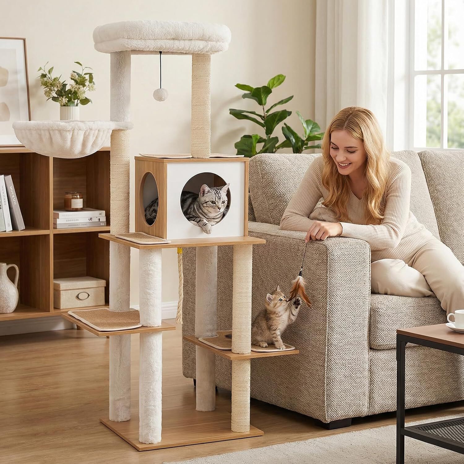 COSTWAY Mueble Rascador para Gatos, 148 cm &Aacute;rbol Rascador para Gatos con Postes Rascadores de Sisal, Condominio, Percha, Cesta, Juguete, Cojines Lavables, Gran Torre de Madera Multinivel para Gatitos, , large Imagen numero 2